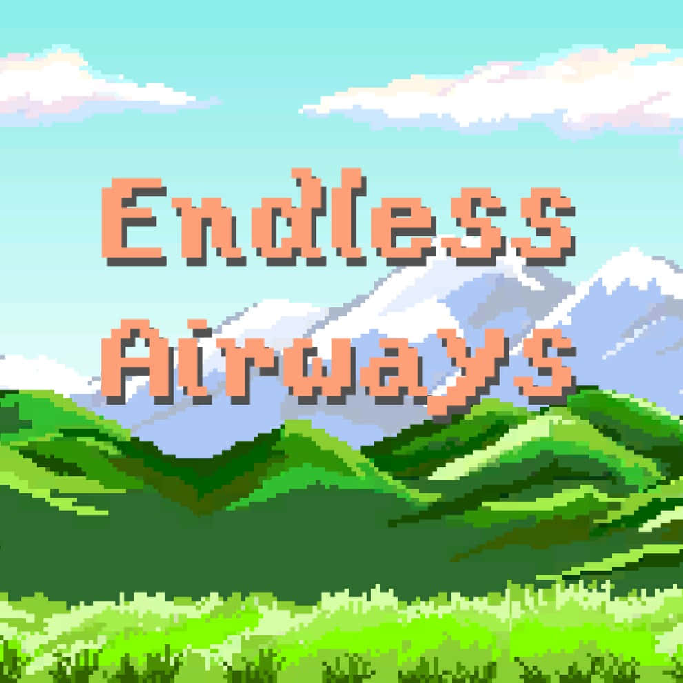 像素化遊戲標題 Endless Airways 出現在起伏的綠色山丘和積雪的山脈上方。