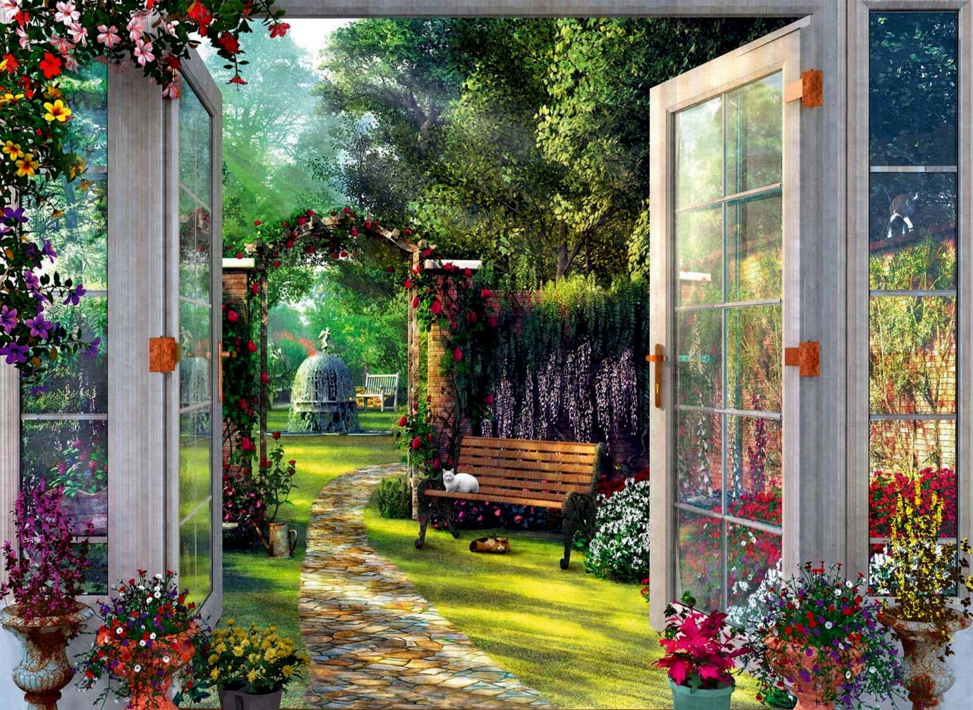 暮色魔法森林 壁紙 — 敞開的法式門框出陽光普照的花園小徑，蜿蜒經過盛開的花朵和一個木製長椅，長椅上一隻貓在玫瑰覆蓋的拱門下休息。