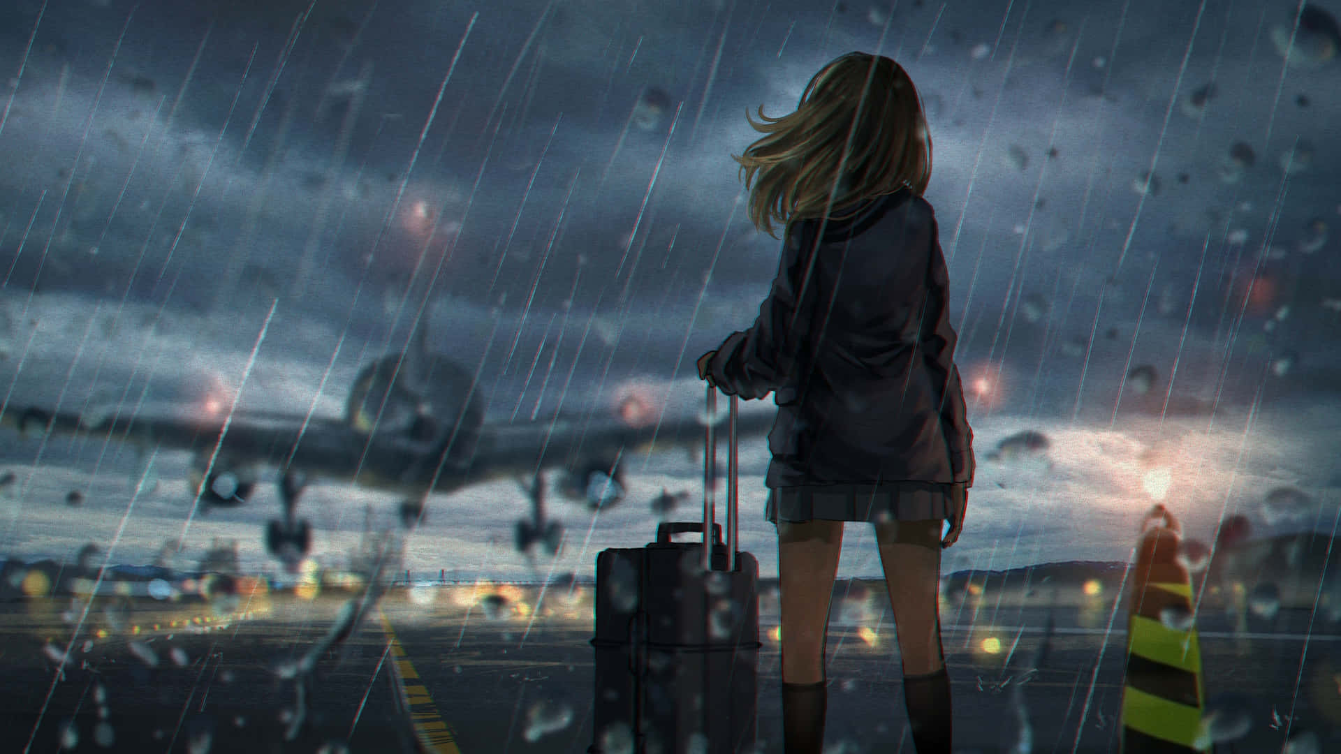 動漫女孩帶著行李箱在夜晚的機場雨中等待 — 雨 壁紙