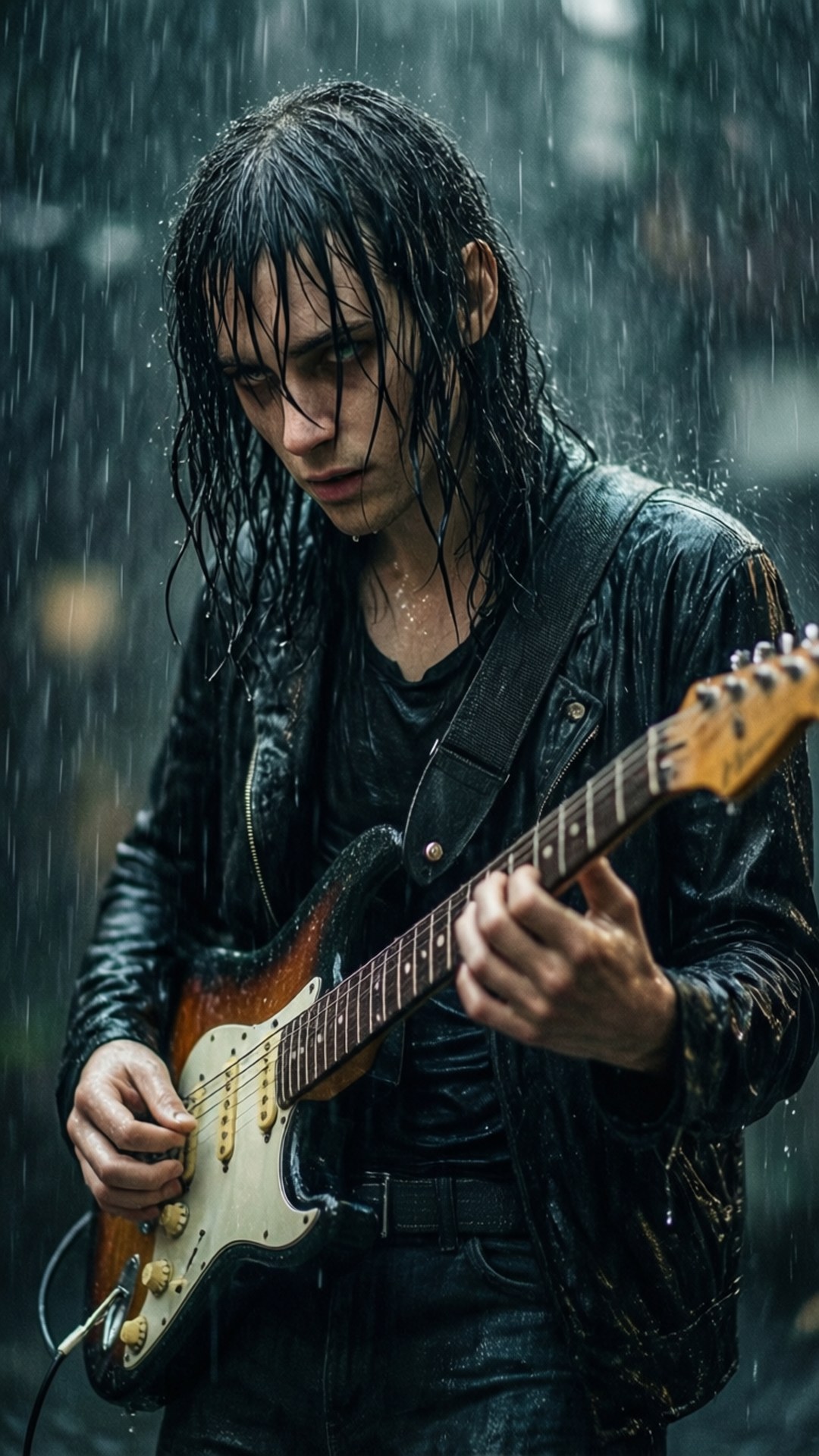 暴雨搖滾 壁紙 — 一位濕髮年輕男子在黑暗的城市環境中，於大雨下彈奏電結他。