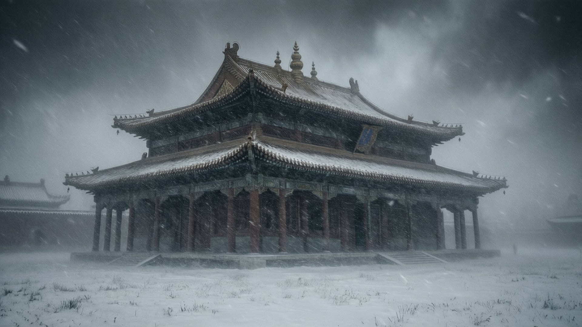 暴風雪中覆蓋著白雪的古老寺廟，伴隨著黑暗的風暴雲。