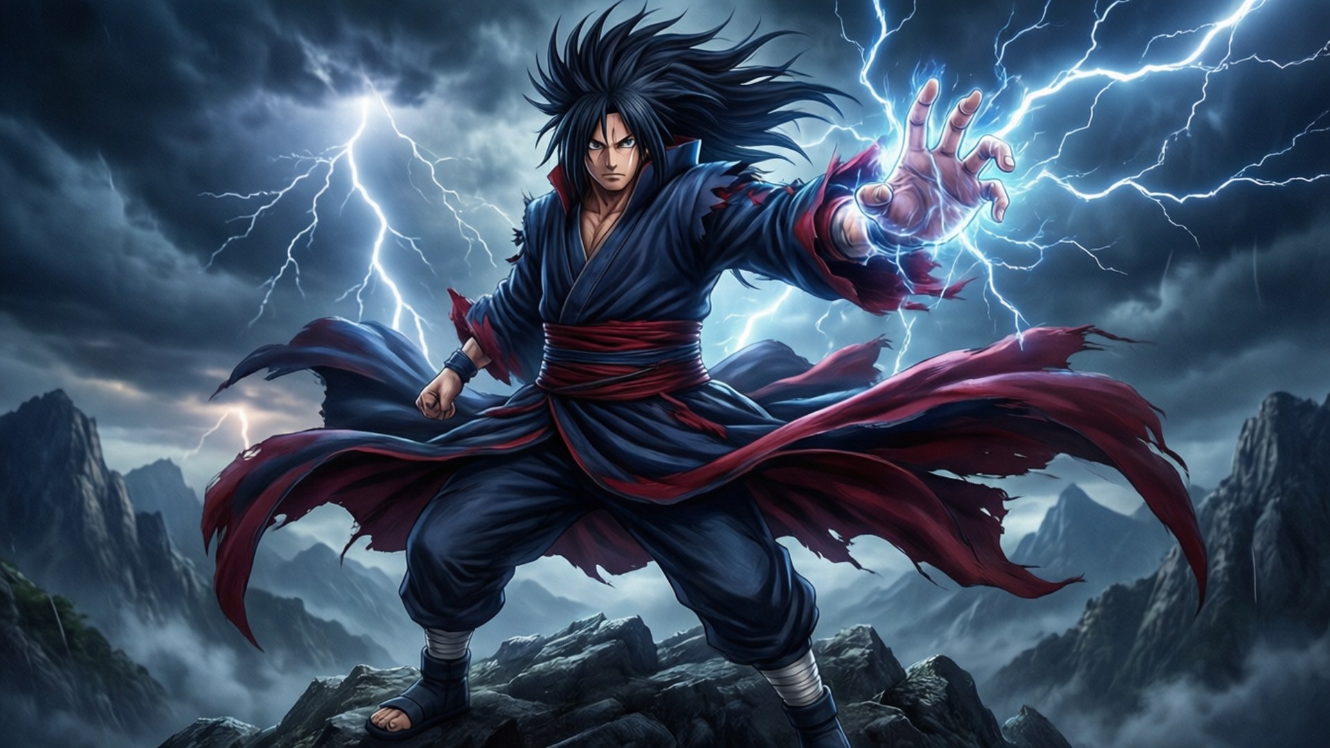 動漫戰士在暴風雨的山頂召喚閃電。