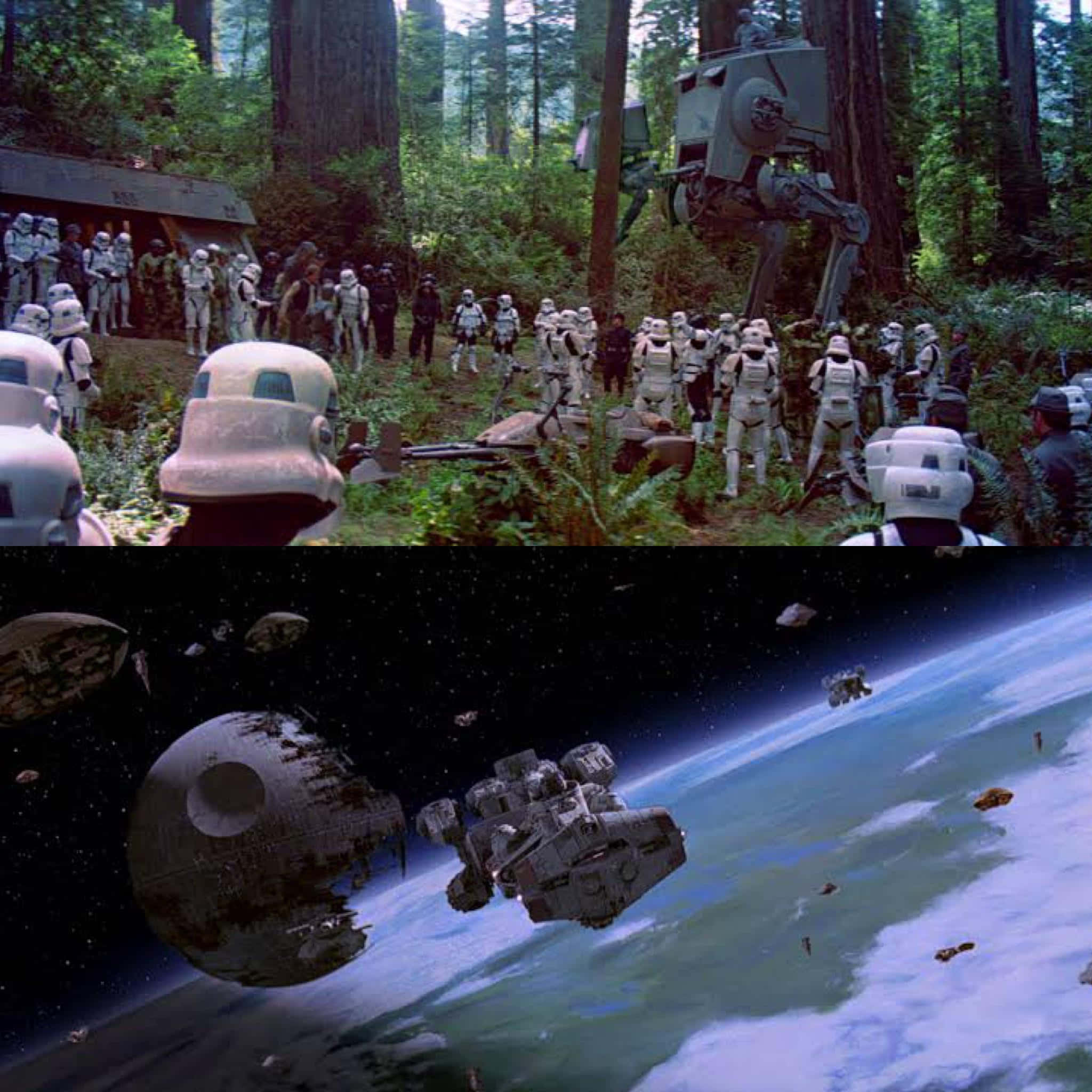 The Battle Of Endor 桌布 壁紙 — 暴風兵和AT-AT穿越茂密森林，而千年鷹號在行星和死星附近躲避碎片。