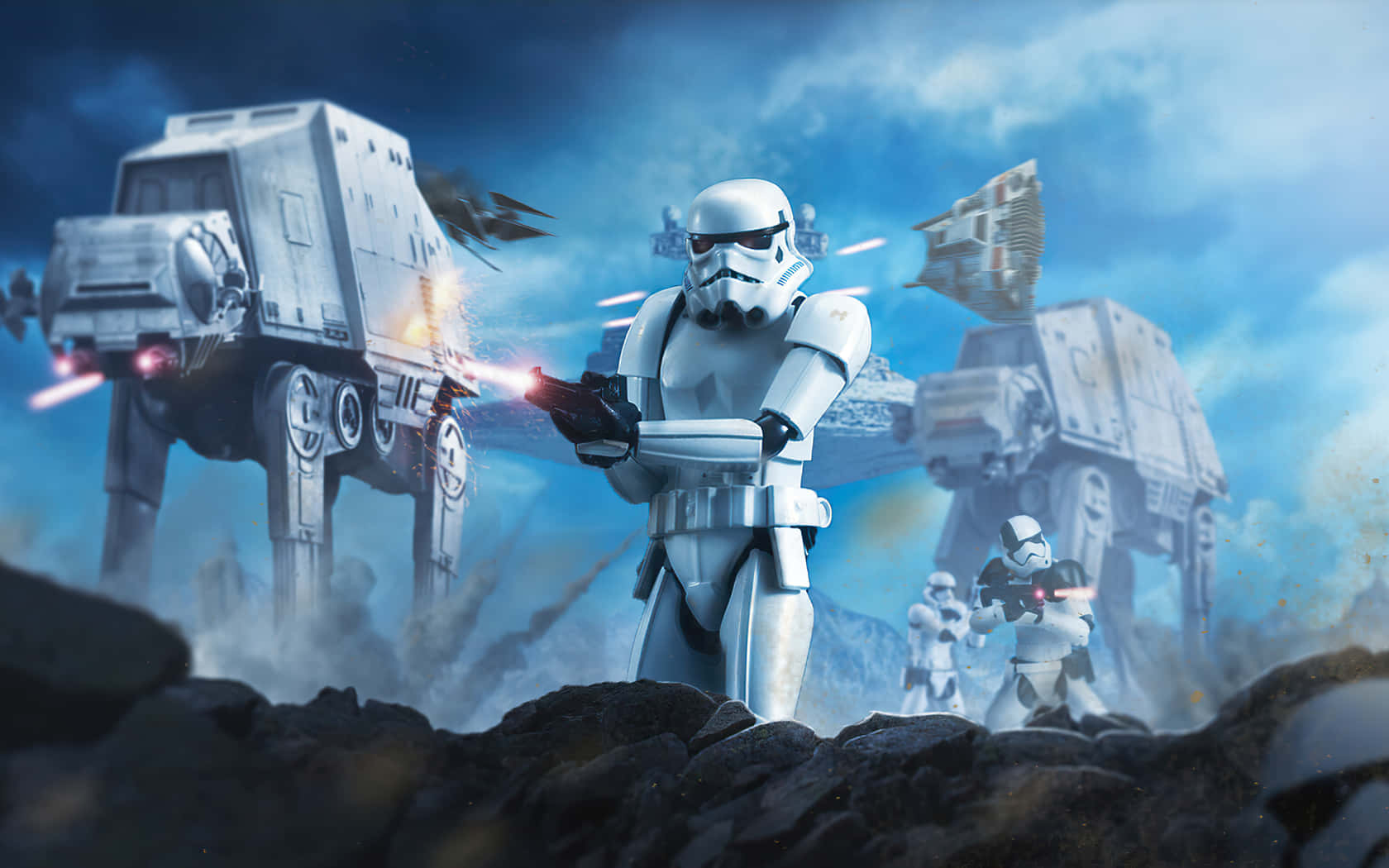 Hoth 桌布 壁紙 — 暴風兵在岩石戰場上，於AT-AT步行機之間發射爆能槍，天空風暴密佈。