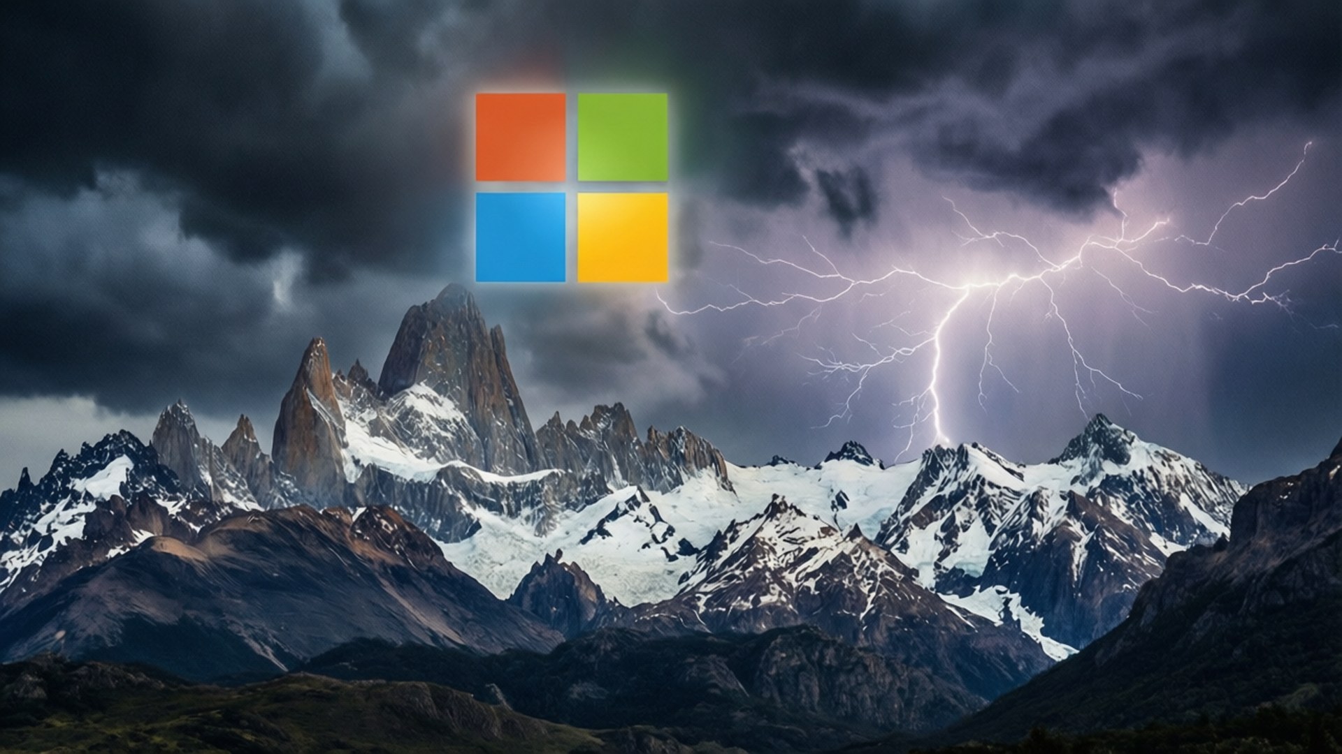 Microsoft 標誌在雷暴中懸浮於積雪山峰之上。