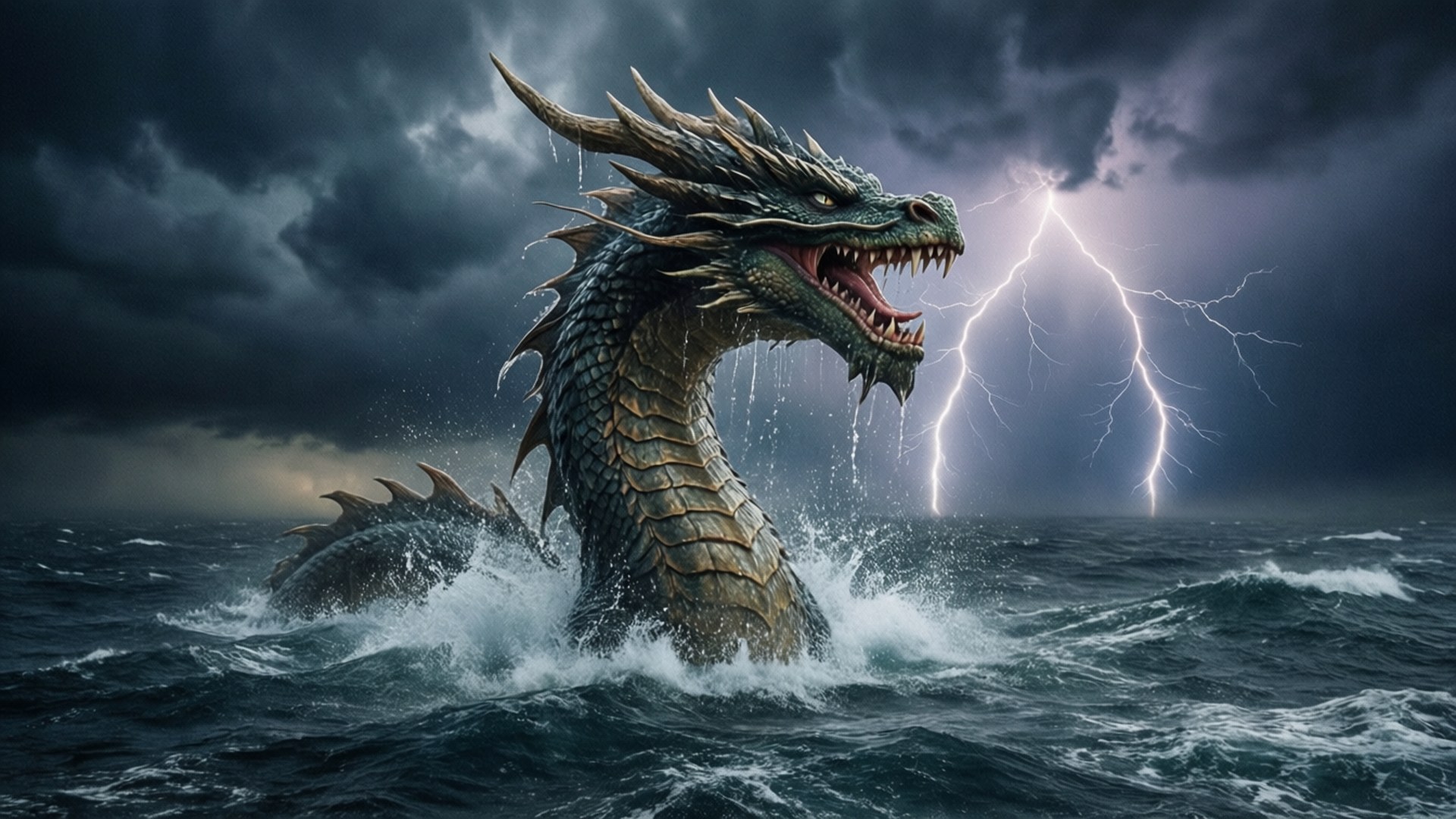 暴風海中的王龍 壁紙 — 一隻巨大的海龍從翻騰的黑暗海水中浮現，暴風雨的天空被一道鮮明的閃電劈開。