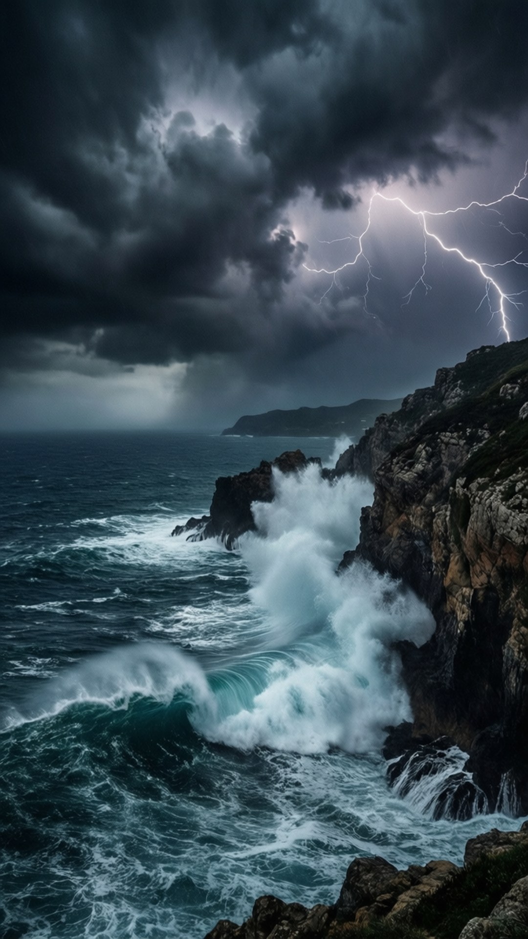 暴風雨的海浪在閃電下衝擊懸崖。