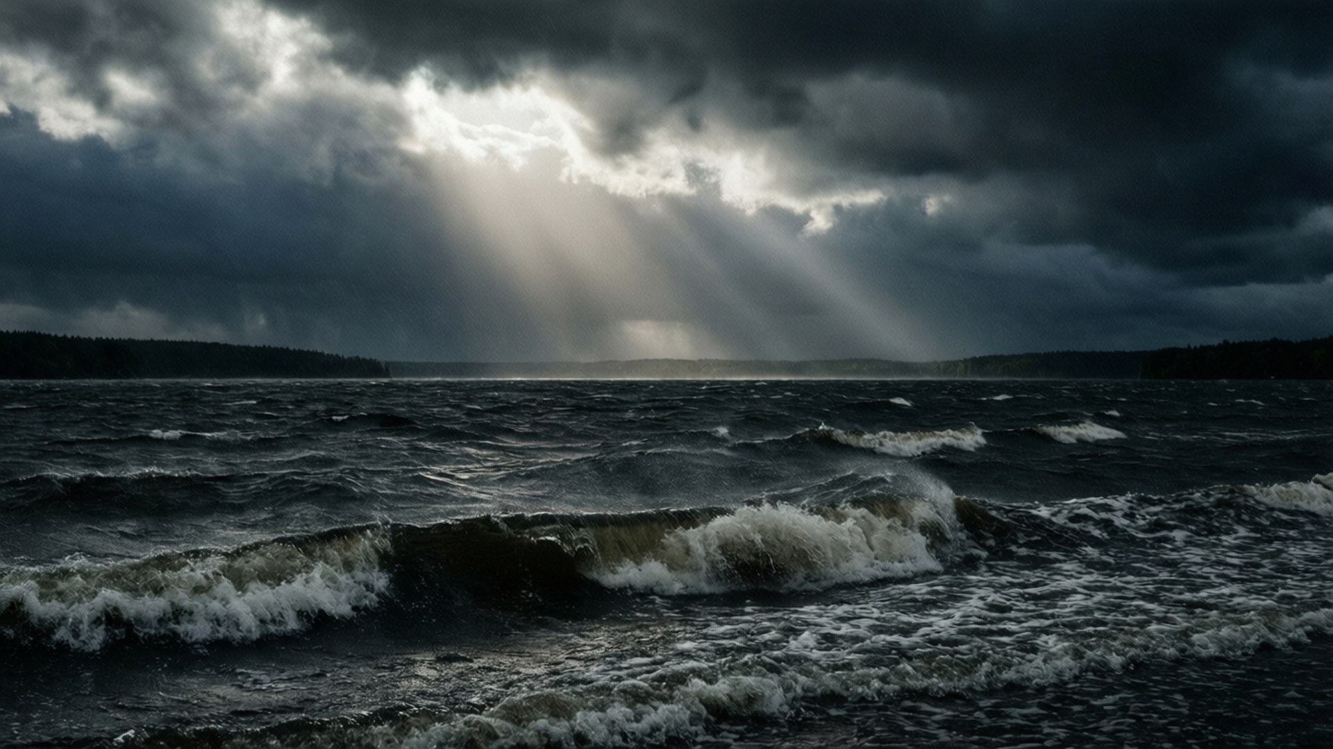 暴風雨中的海洋，陽光穿過烏雲照射在洶湧的波浪上。