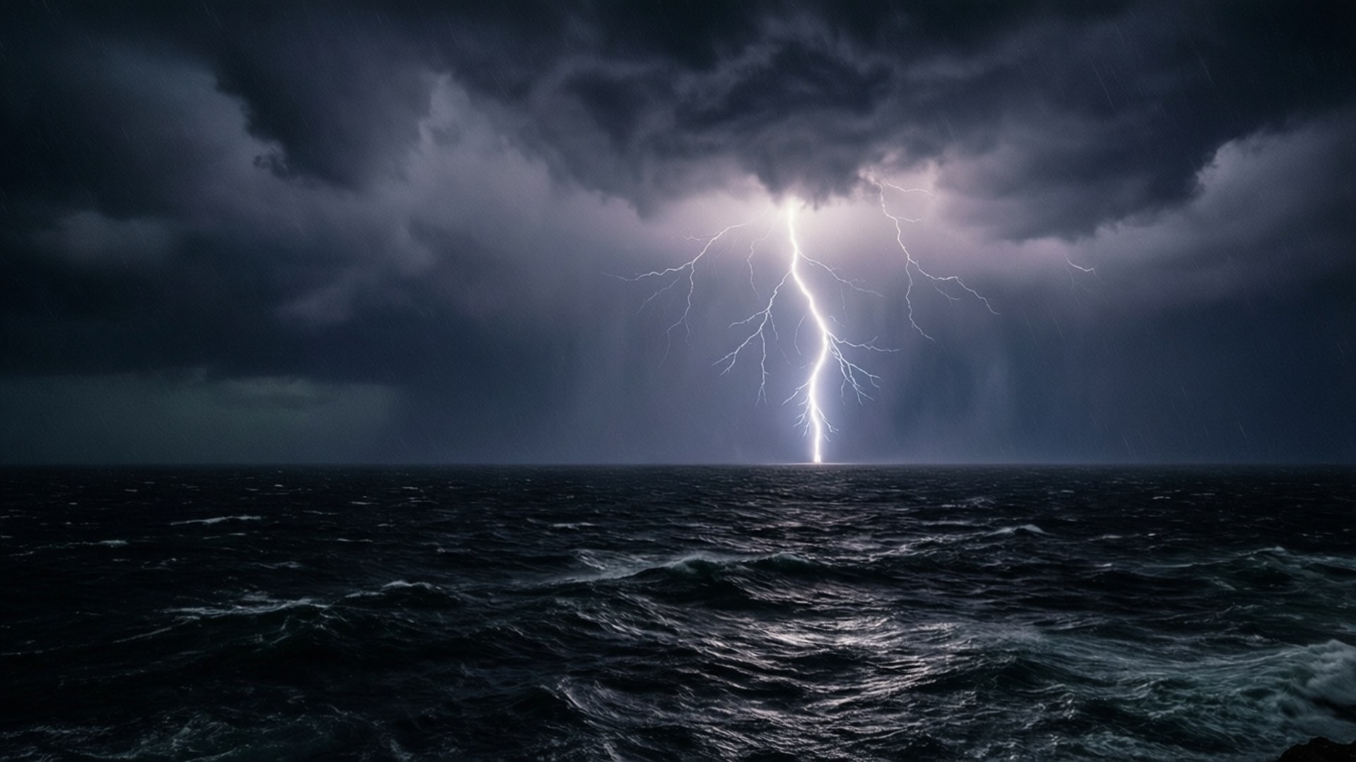閃電在暴風雨中擊中海洋，天空佈滿烏雲。