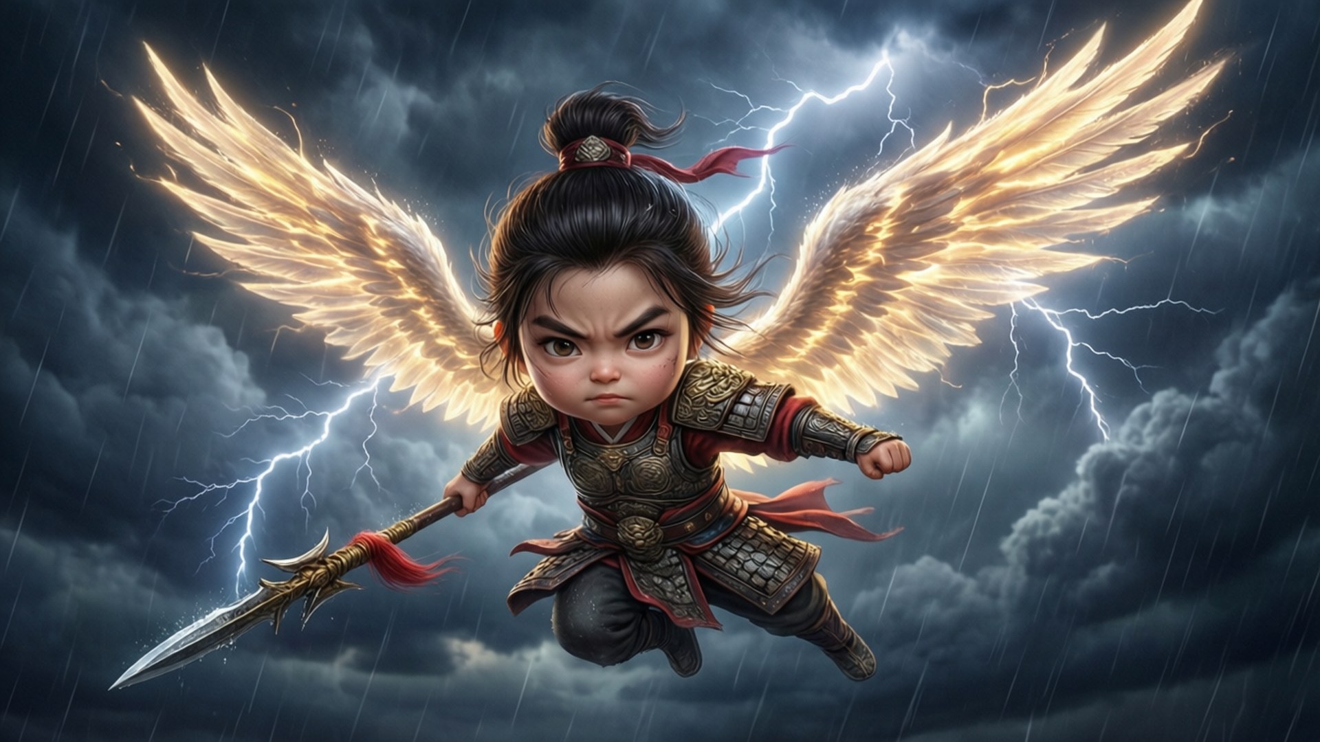 一個堅定嘅有翼戰士細路，身穿盔甲，拎住長矛飛過雷暴。