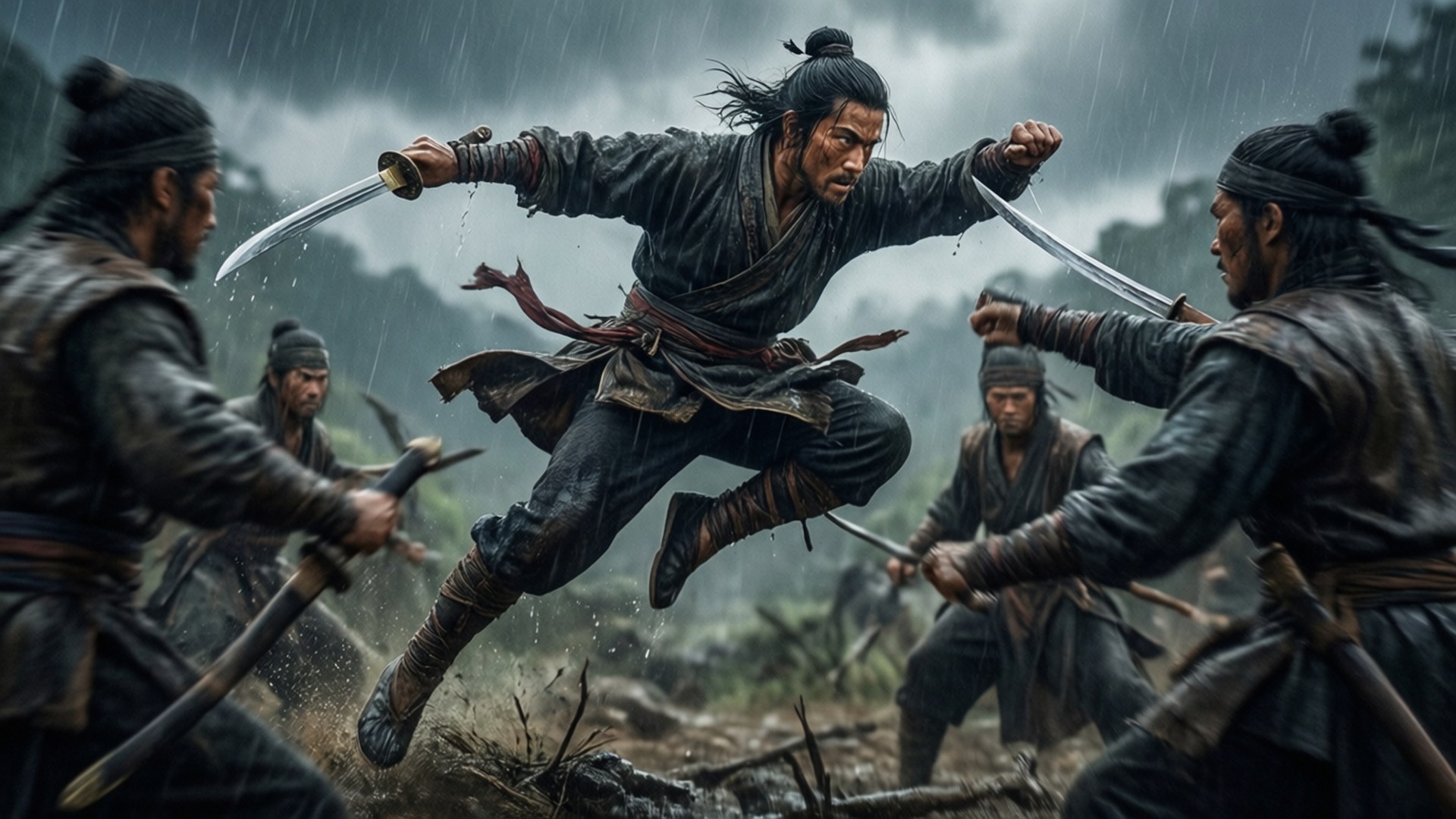 武士戰士穿過雨水跳躍，在森林中與多個敵人戰鬥。