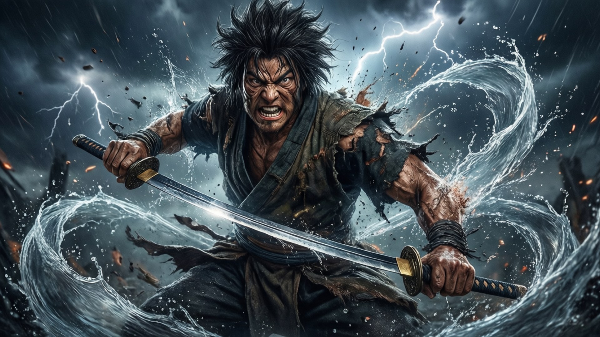 暴風雨中揮劍的武士戰士，被水和閃電包圍。