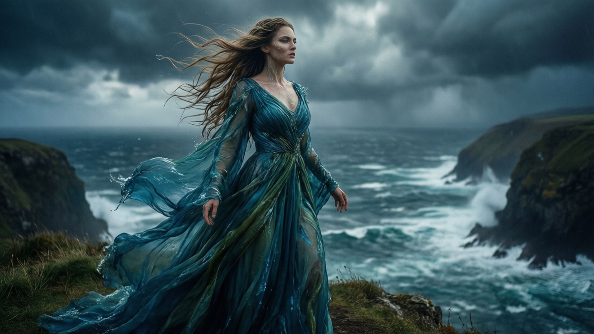 暴風雨中的海神守護者 壁紙 — 一位身穿飄逸青綠色長裙的女性，在暴風雨的懸崖邊緣挑釁地站立，狂風猛烈地吹動她的頭髮和裙子，背景是洶湧的大海。