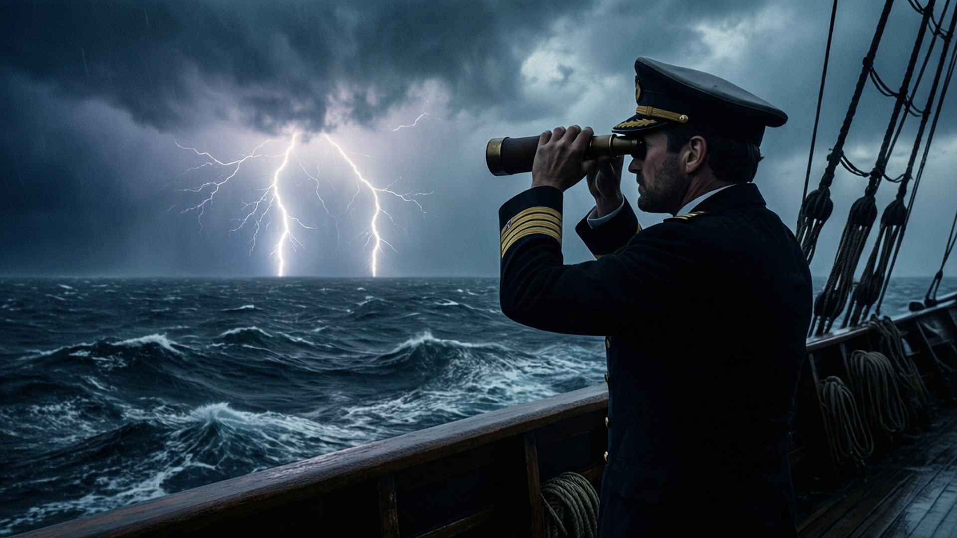 暴風雨中的船長 壁紙 — 一位身穿制服嘅船長喺船上透過望遠鏡眺望，閃電喺暴風雨嘅海洋上空劃過。