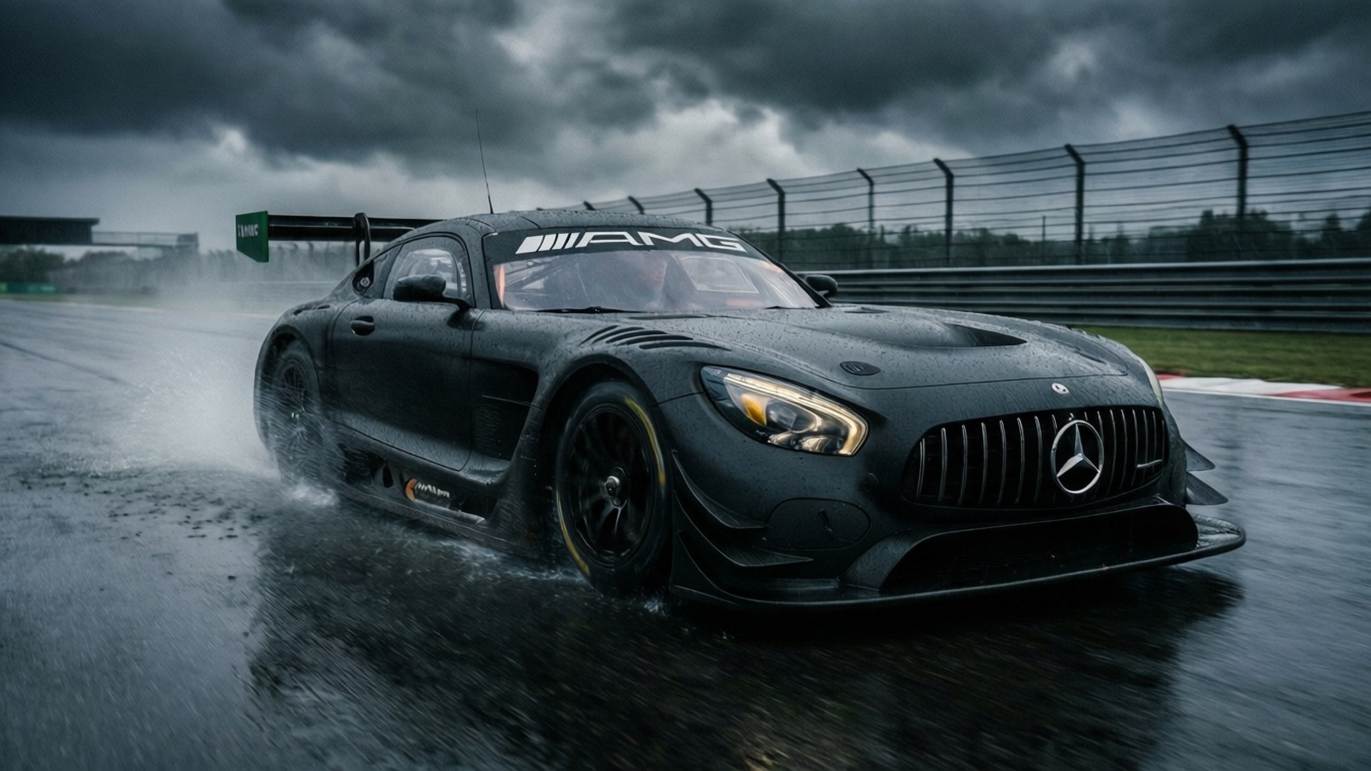 黑色平治AMG GT3賽車在暴雨天空下的濕滑賽道上飛馳