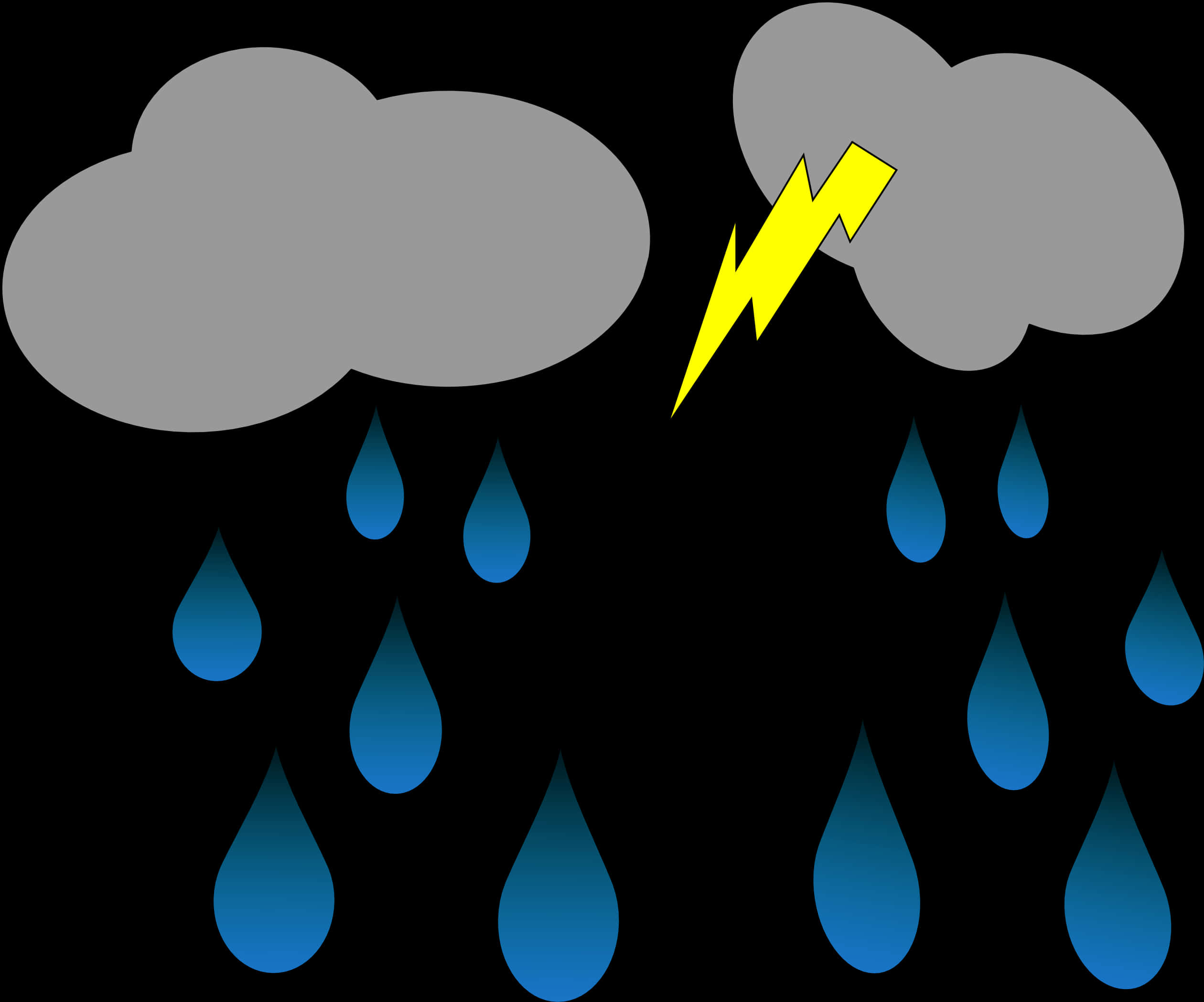 暴風雨圖形 壁紙 — 兩團灰色暴風雨雲降下藍色雨滴，一道明亮的黃色閃電在它們之間劈下，背景為黑色。