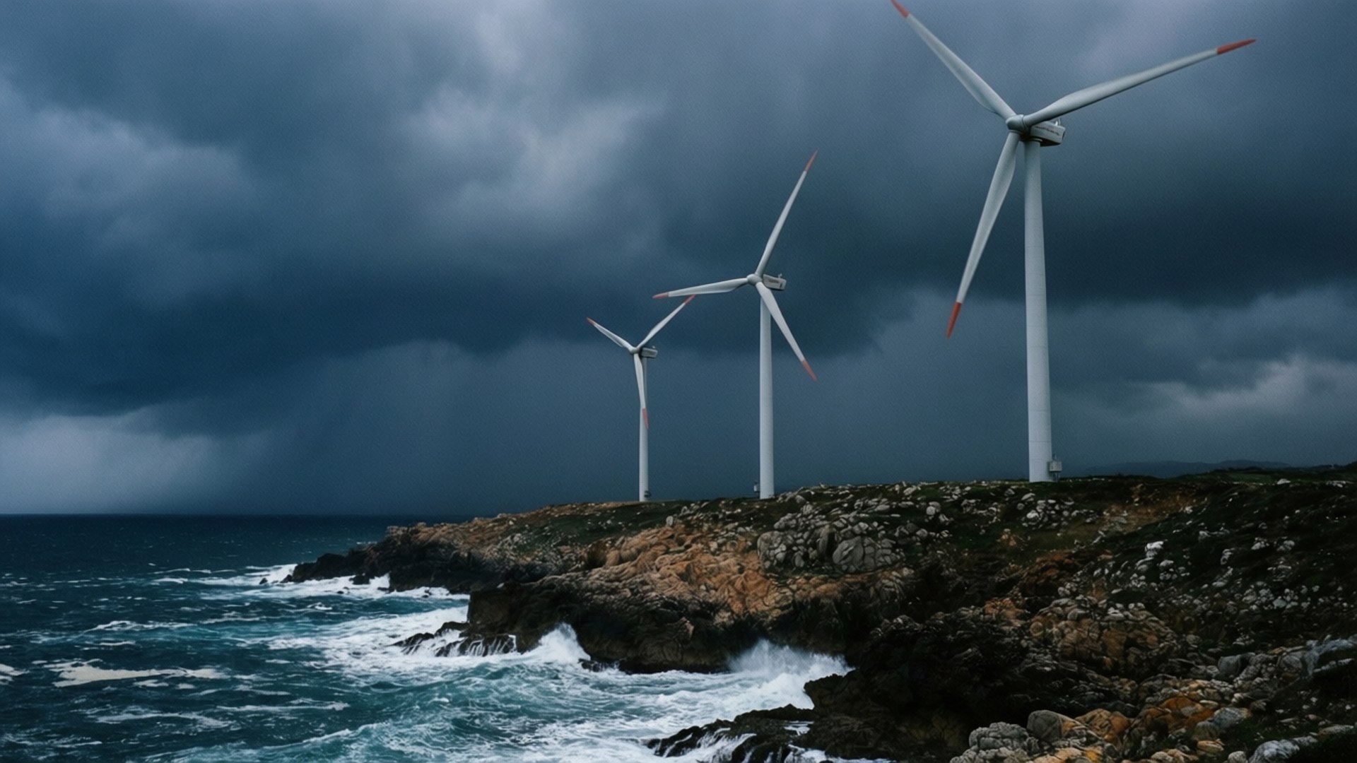 三座風力發電機在岩石懸崖上，暴風雨的天空下，海浪拍打