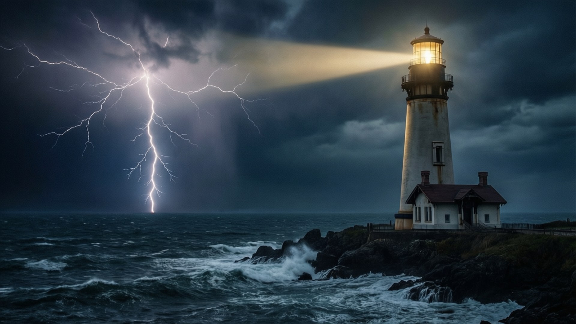 燈塔在暴風雨之夜閃耀，海洋上空有閃電