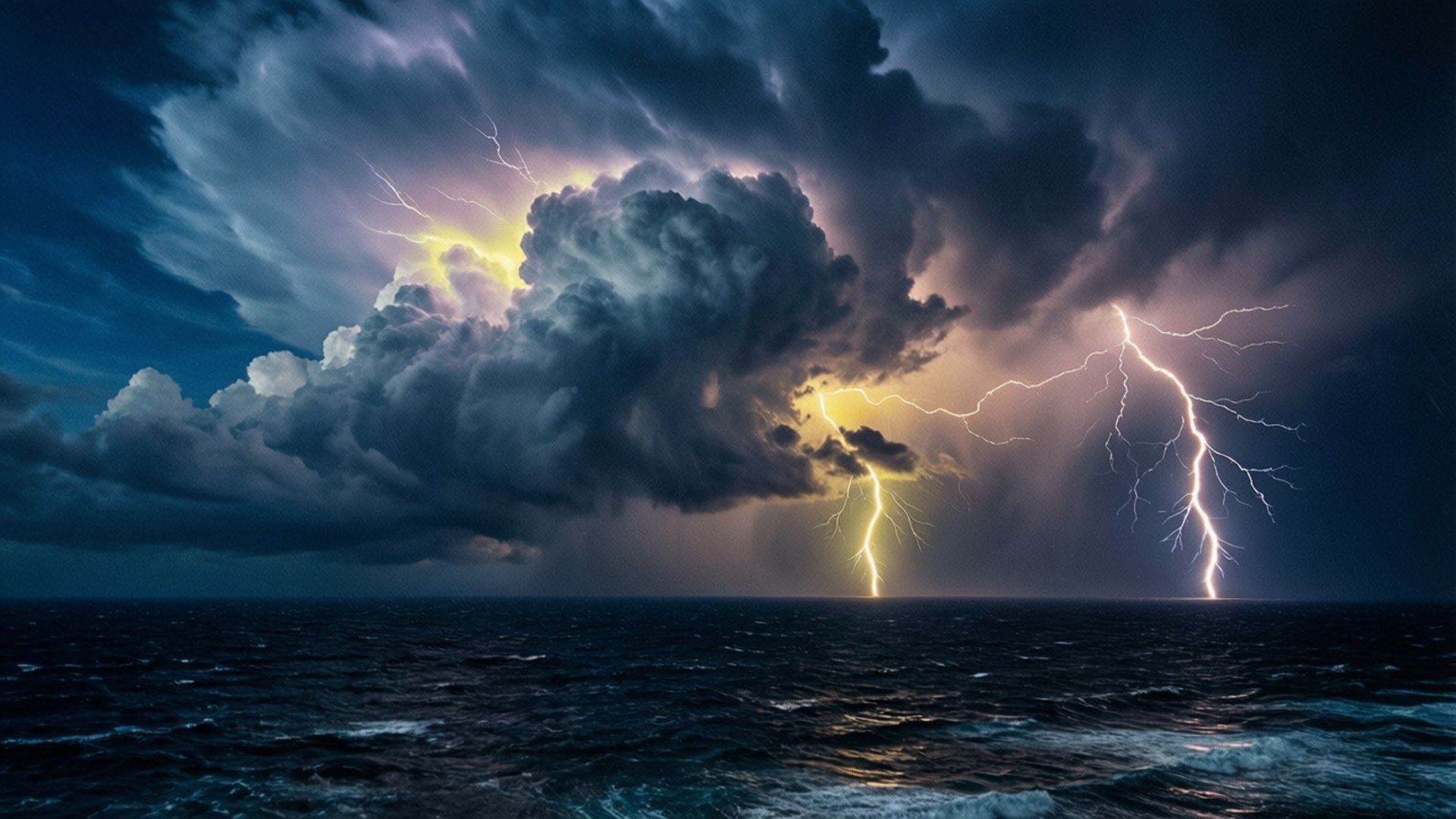 海洋上空的風暴，閃電穿過烏雲和洶湧的海浪。