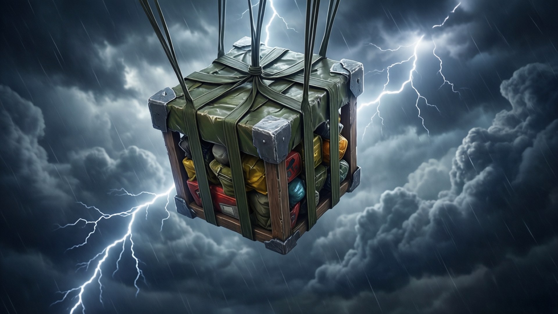 暴風雲中的補給箱 壁紙 — 一個用纜繩懸掛的軍用貨物箱，穿過被鮮明閃電和暴雨照亮嘅暴風雨天空下降。