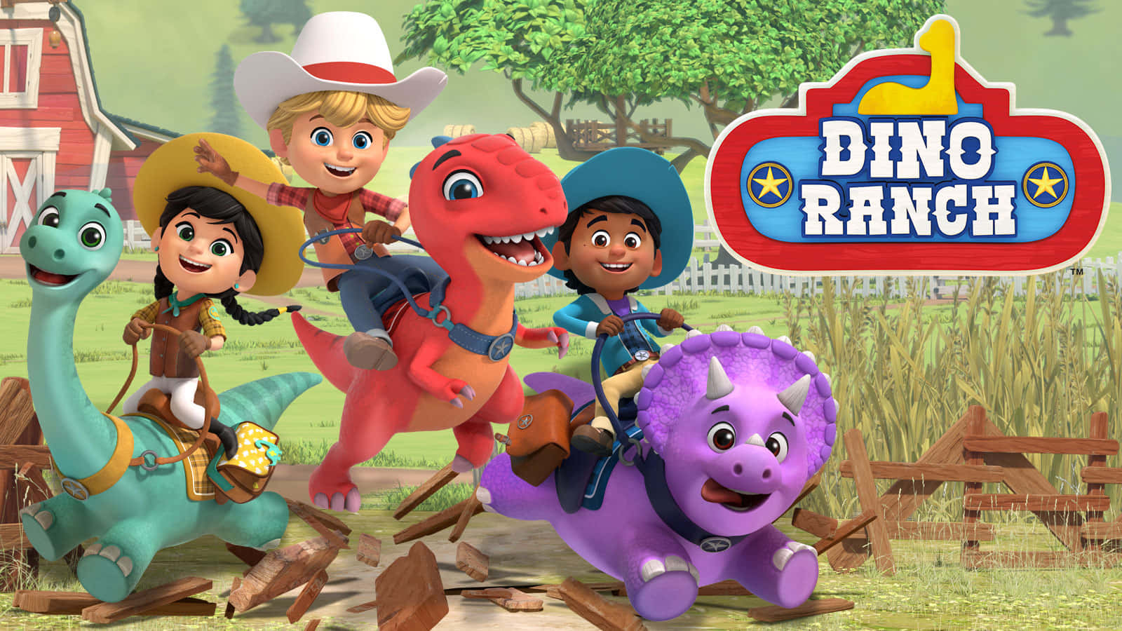 三個小孩在一個有穀倉和Dino Ranch標誌的農場裡騎著卡通恐龍。