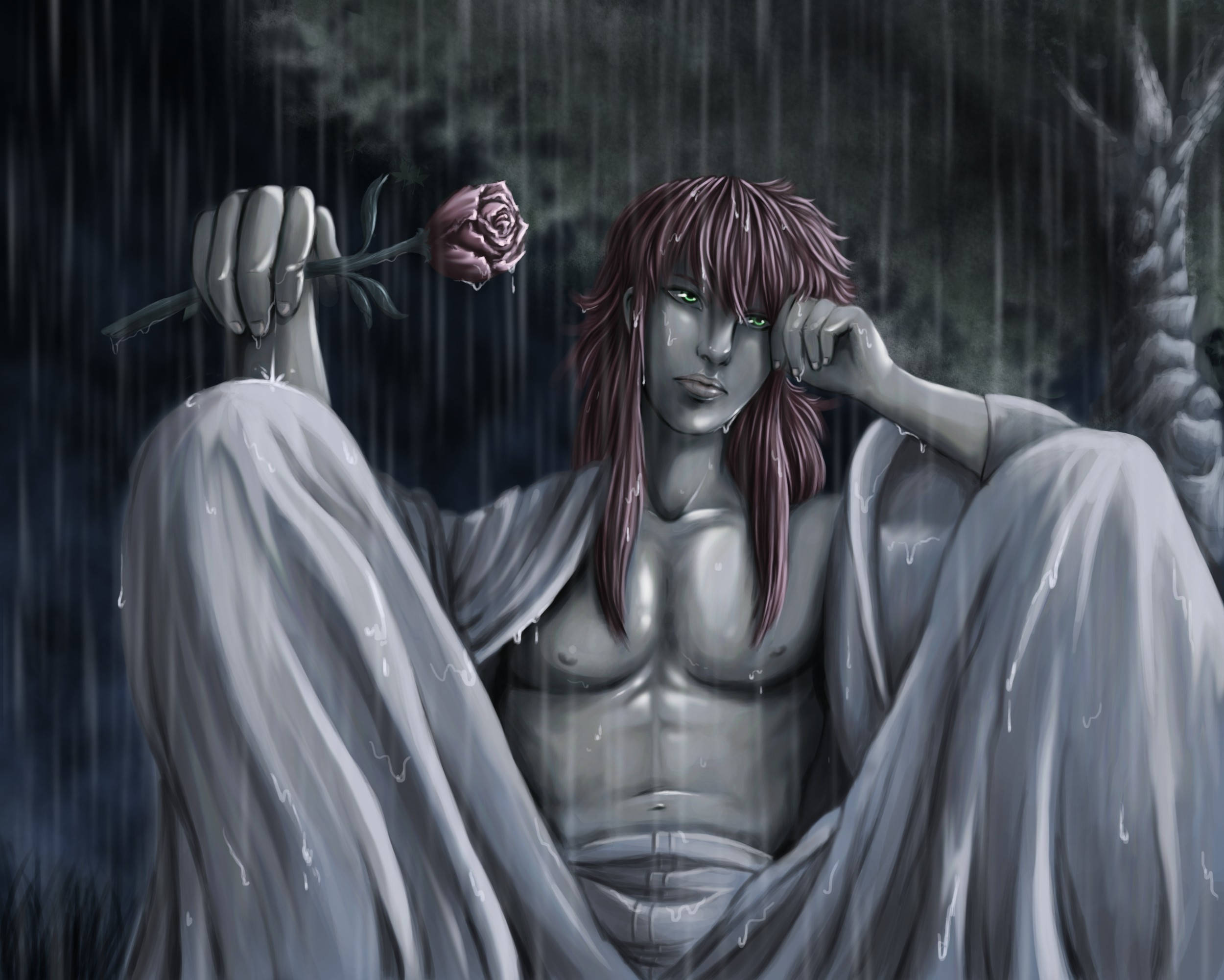 曇羅暗黑藝術 壁紙 — 一個蒼白的身影，長長紅髮，坐在雨中，手持一朵玫瑰，披著濕透的白布，背景是黑暗的森林。