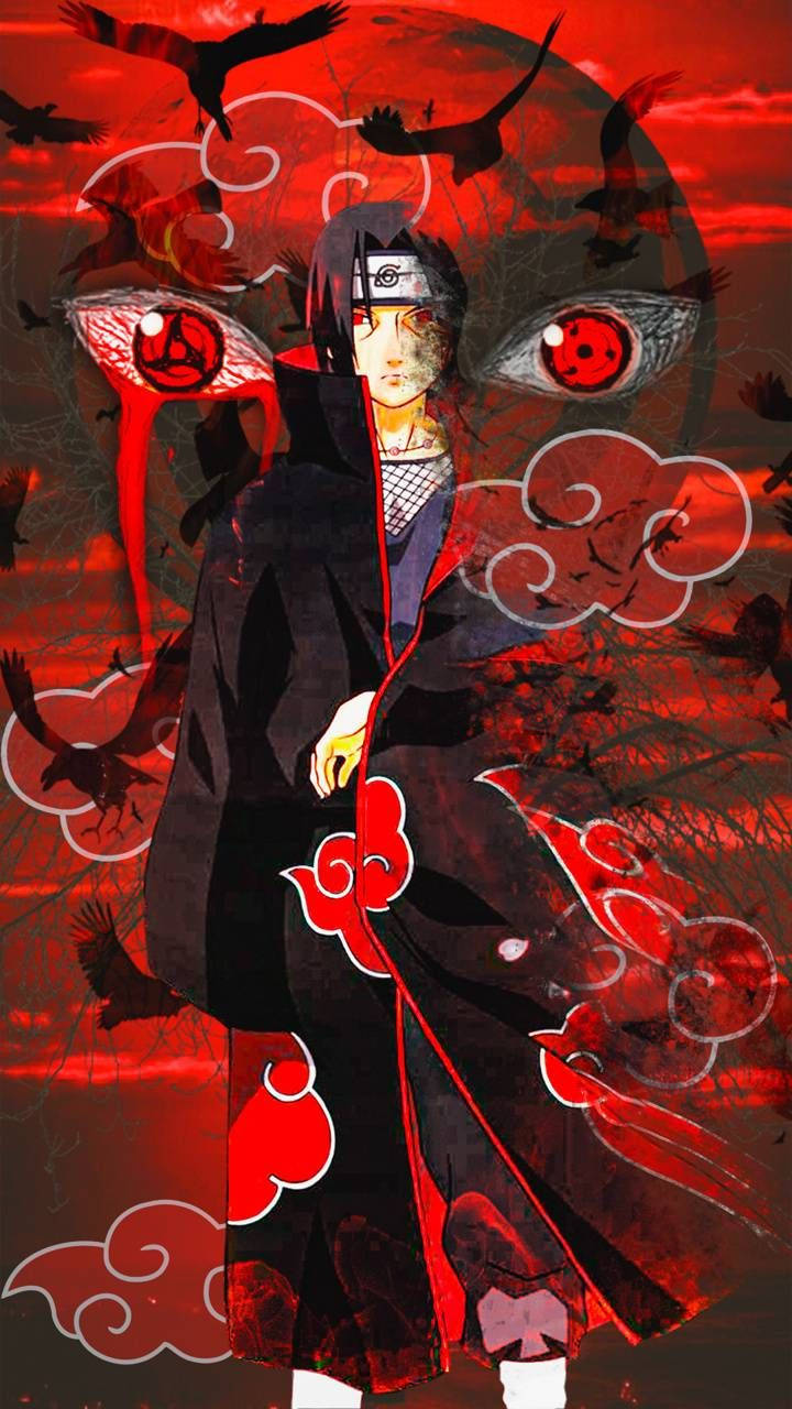 動漫忍者身穿帶有紅色雲紋的黑色斗篷，被烏鴉和巨大眼睛包圍。