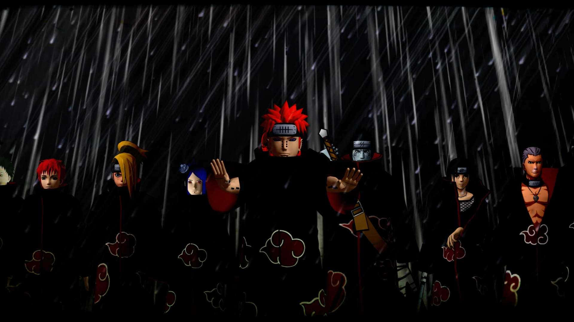 身穿曉組織長袍的動漫忍者團體在夜晚的大雨中站立。