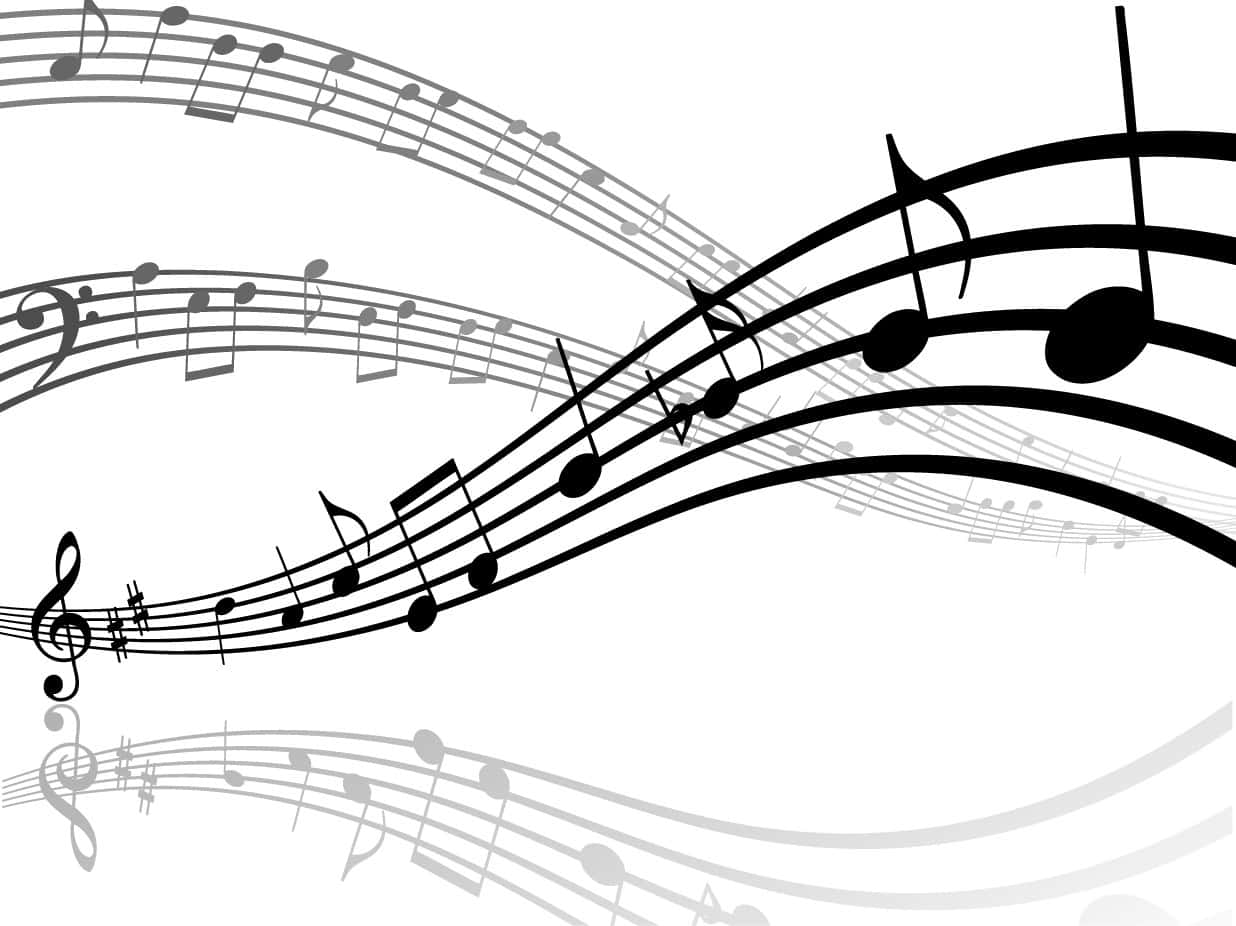 曲線五線譜與音樂符號背景 壁紙 — 動態黑白音符在分層彎曲的五線譜中流動，背景為純白色。