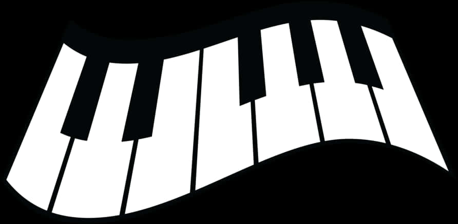曲線鋼琴鍵盤圖形 壁紙 — 一個風格化的彎曲鋼琴鍵盤，帶有黑白琴鍵，置於純黑色背景上。
