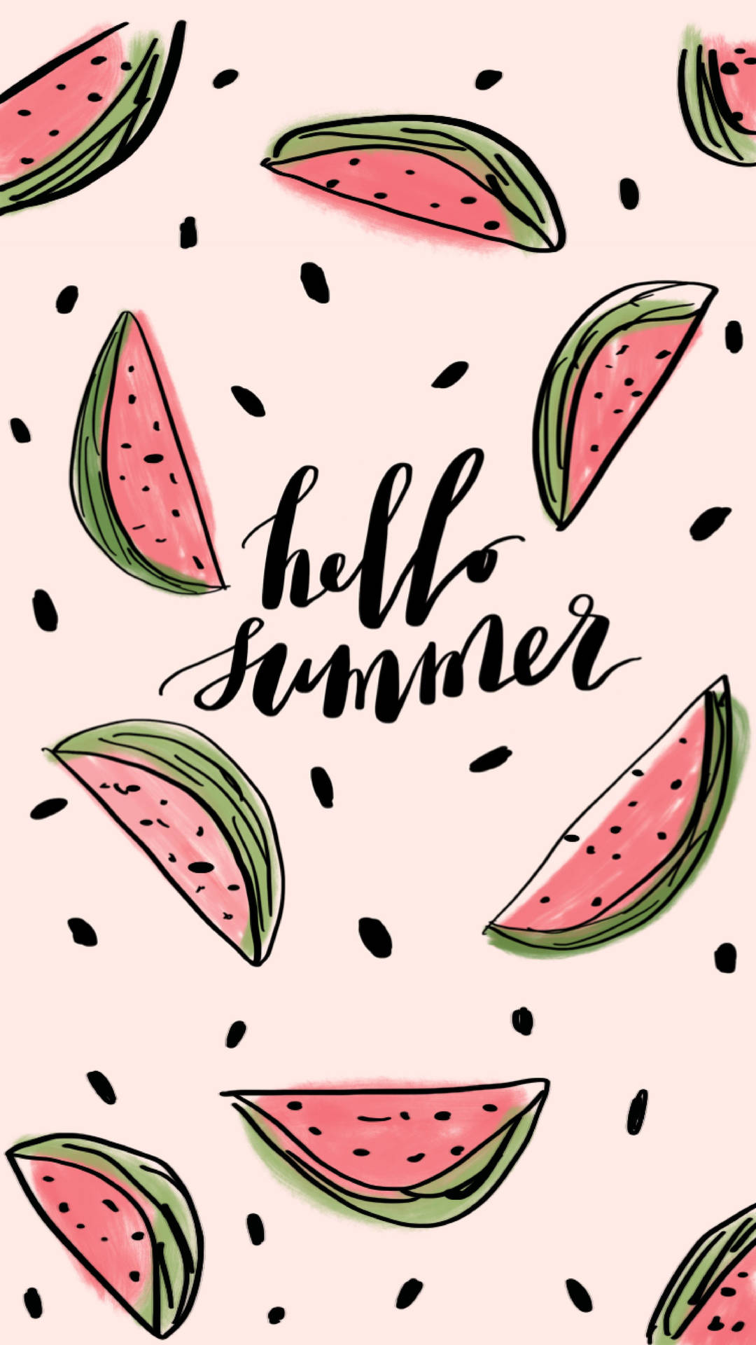 Hello summer 文字被西瓜片和種子包圍在粉紅色背景上。