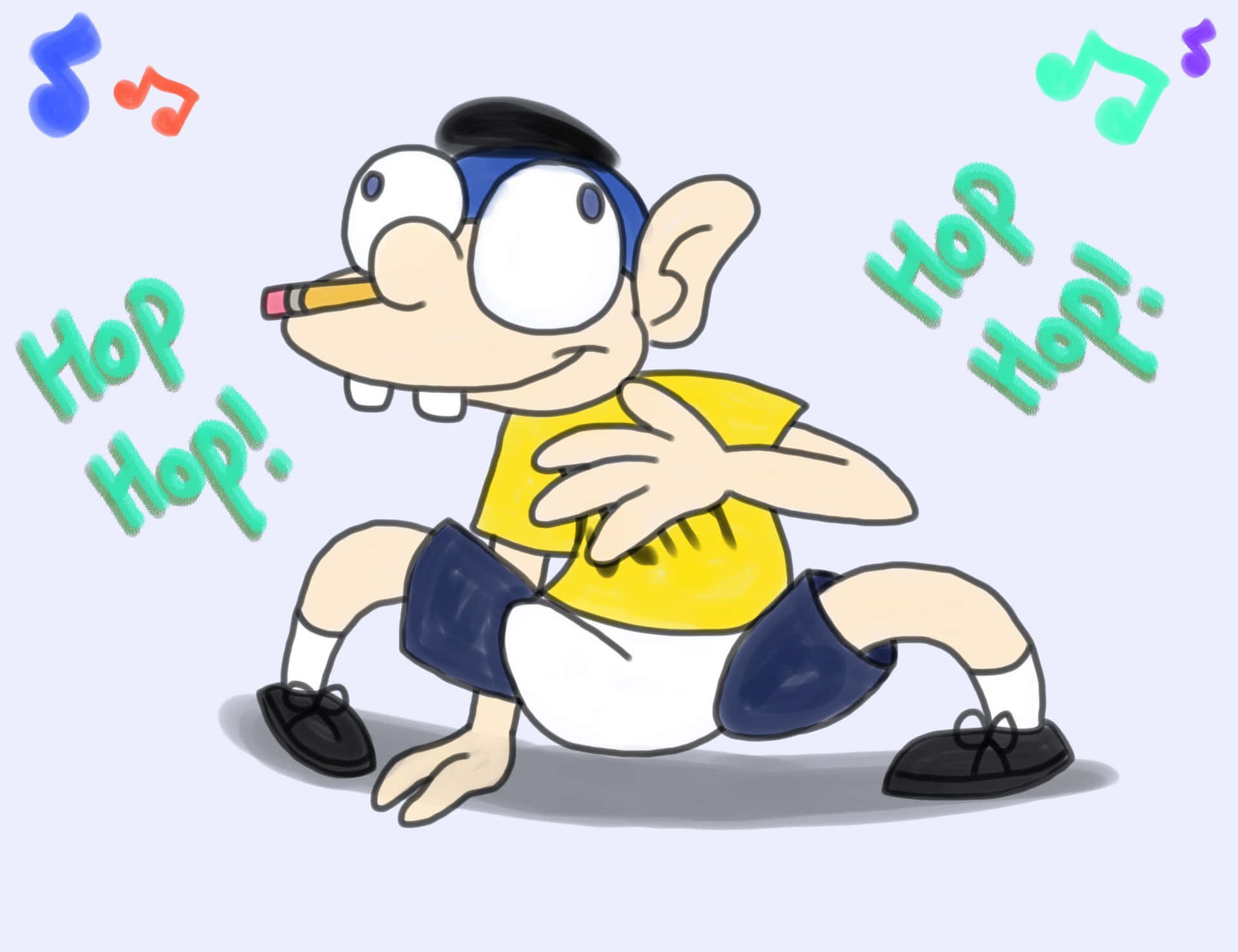 卡通男孩伴隨著音符和「Hop Hop!」文字跳躍。