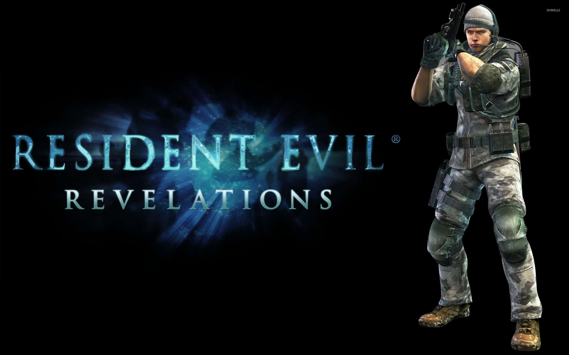 在《Resident Evil Revelations》遊戲標誌中瞄準手槍的士兵。
