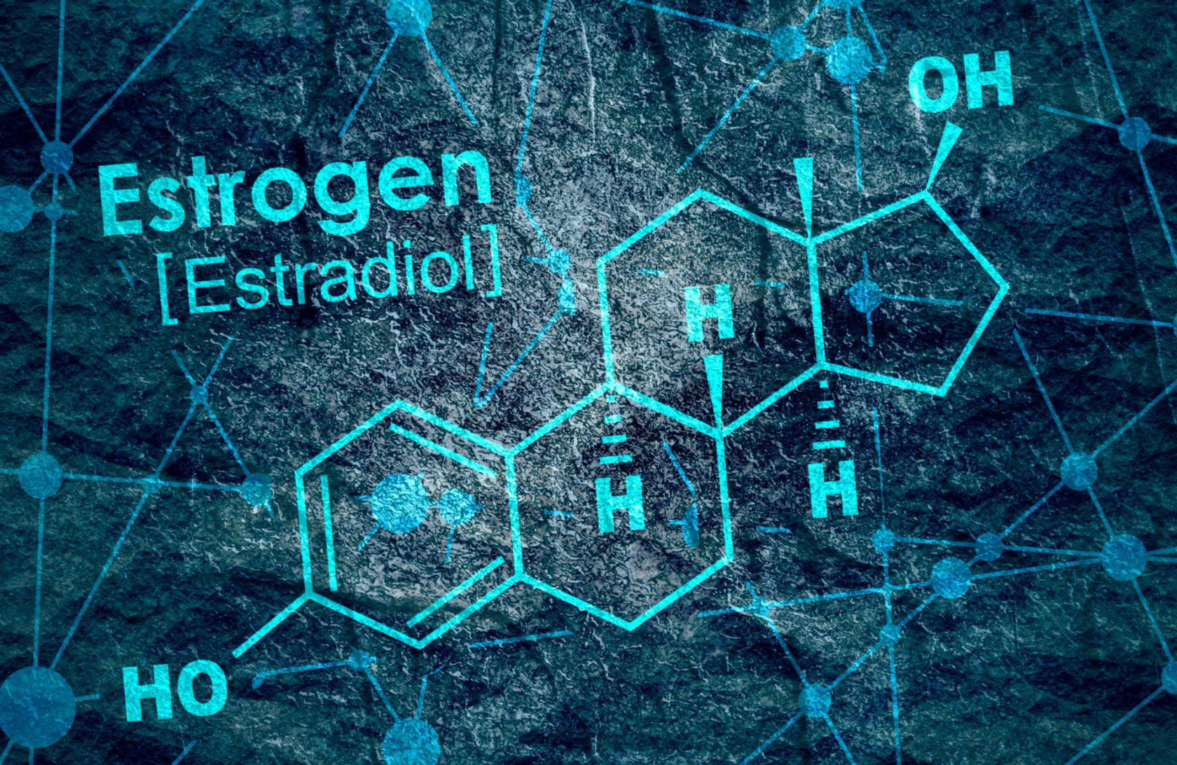 在深色紋理背景上以發光藍色顯示的雌激素雌二醇化學圖。