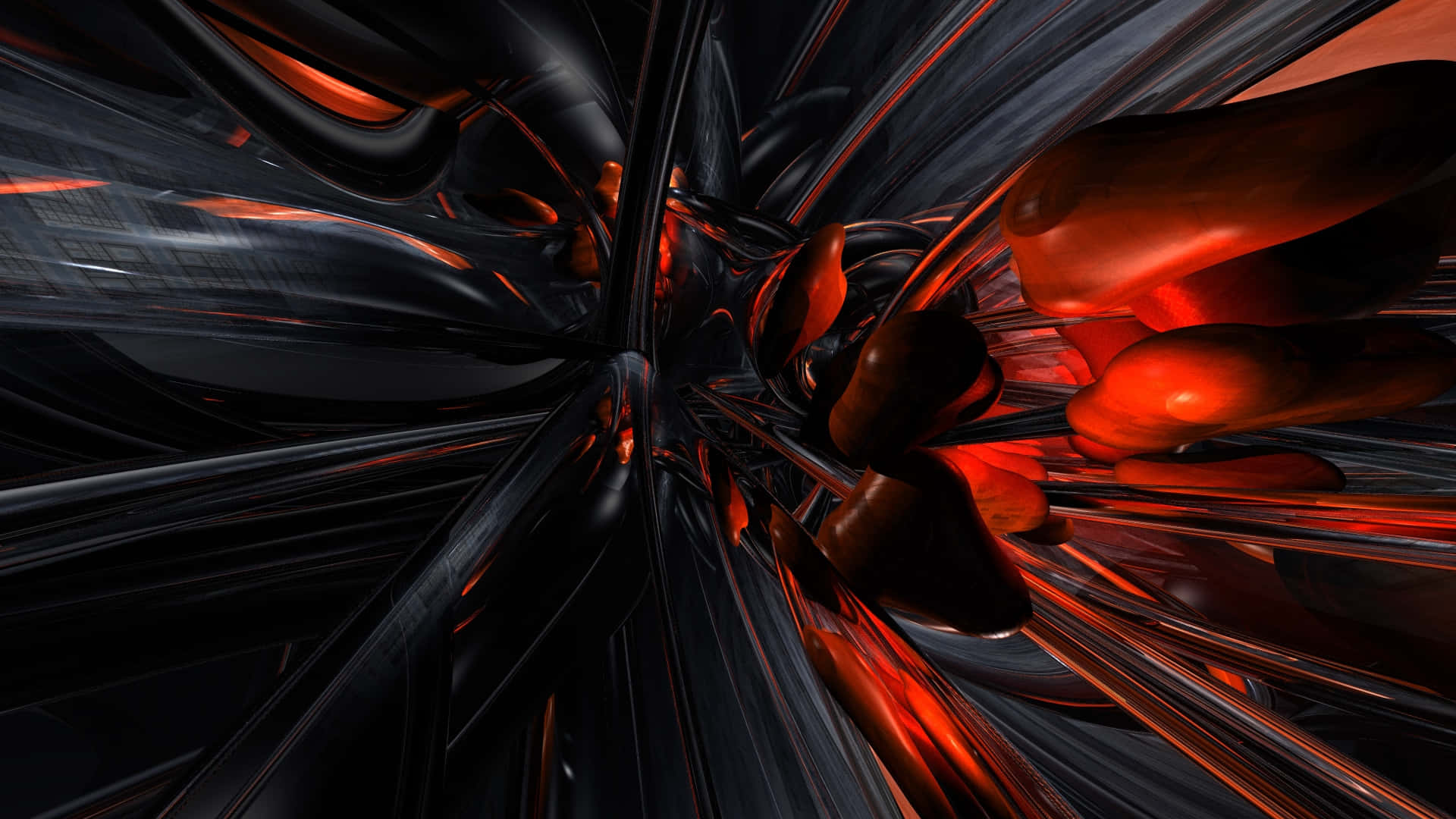 光澤黑色和發光紅色的抽象曲線形成一個隧道狀的漩渦。