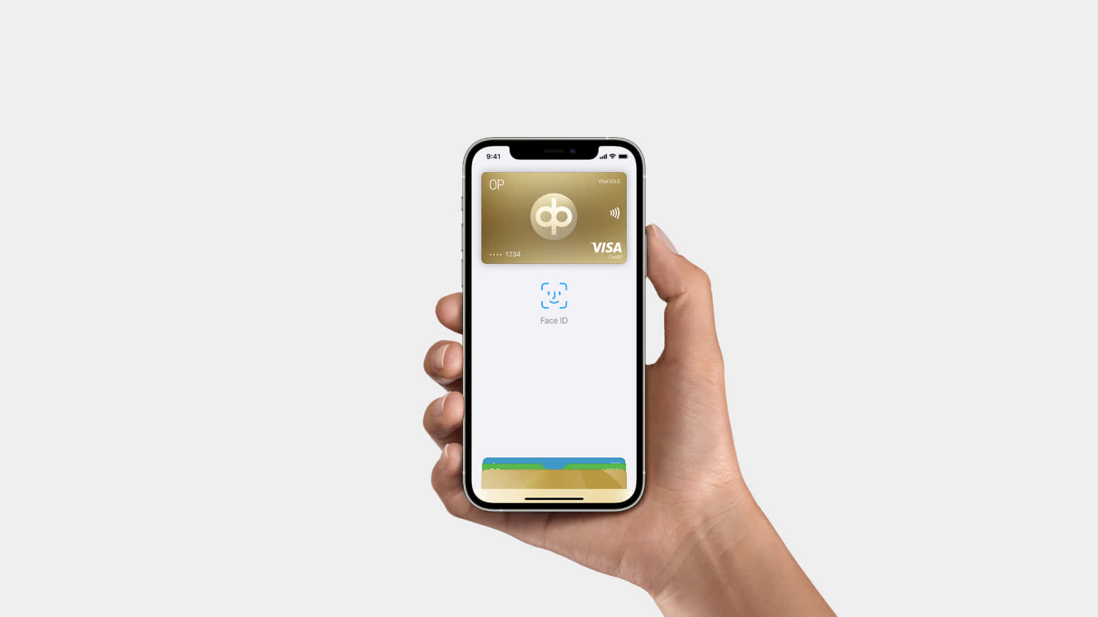 手持iPhone顯示數碼Visa卡和Face ID認證畫面。