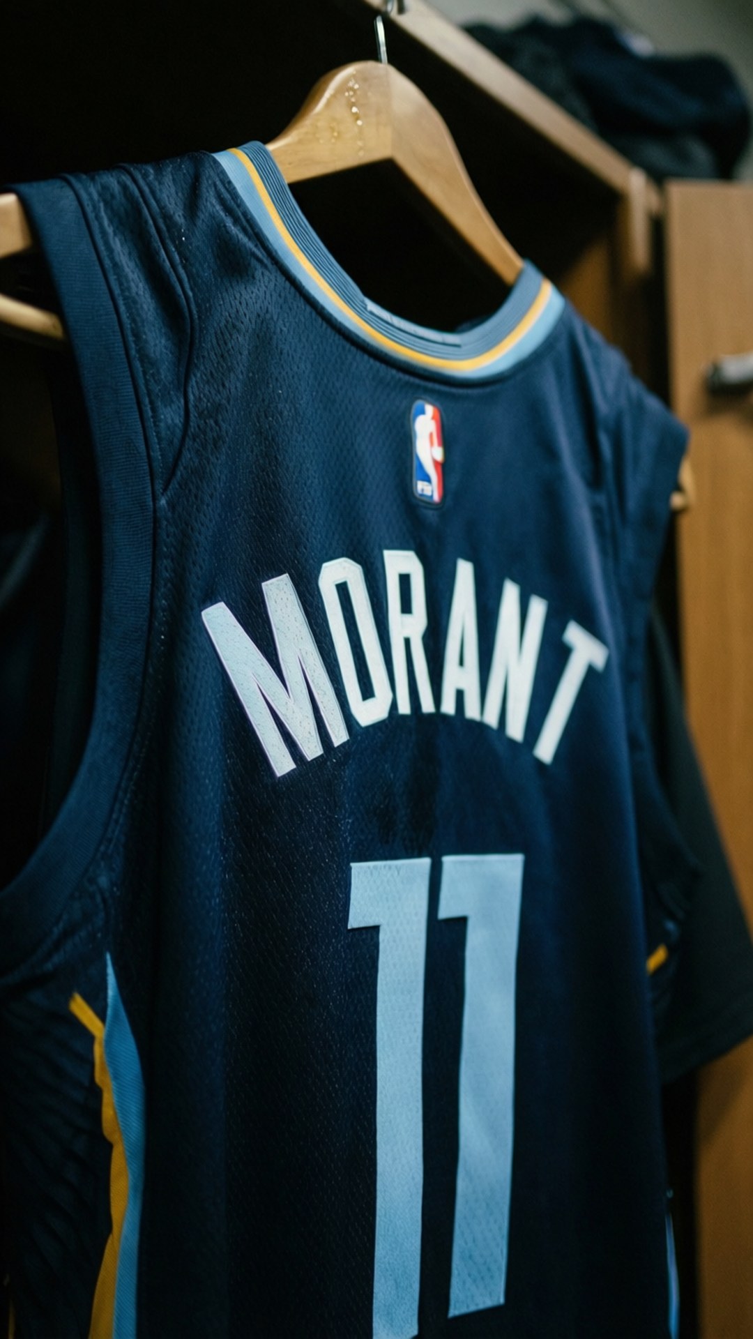 海軍藍色籃球球衣，印有 Morant 和 11 號，掛在木衣架上。