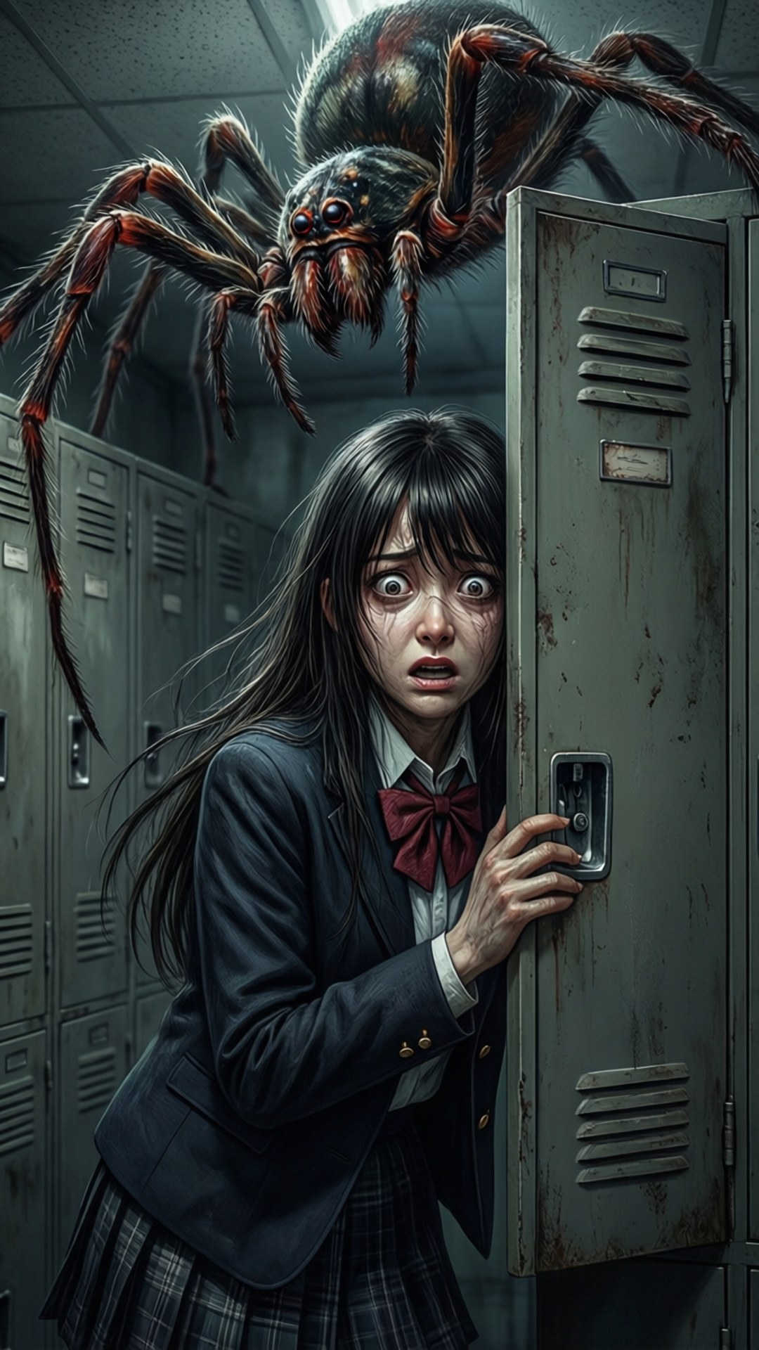 更衣室逃脫 壁紙 — 一個穿著校服的驚恐女學生躲在儲物櫃後面，一隻巨大的毛茸茸蜘蛛在昏暗的更衣室裡盤旋在她頭頂。