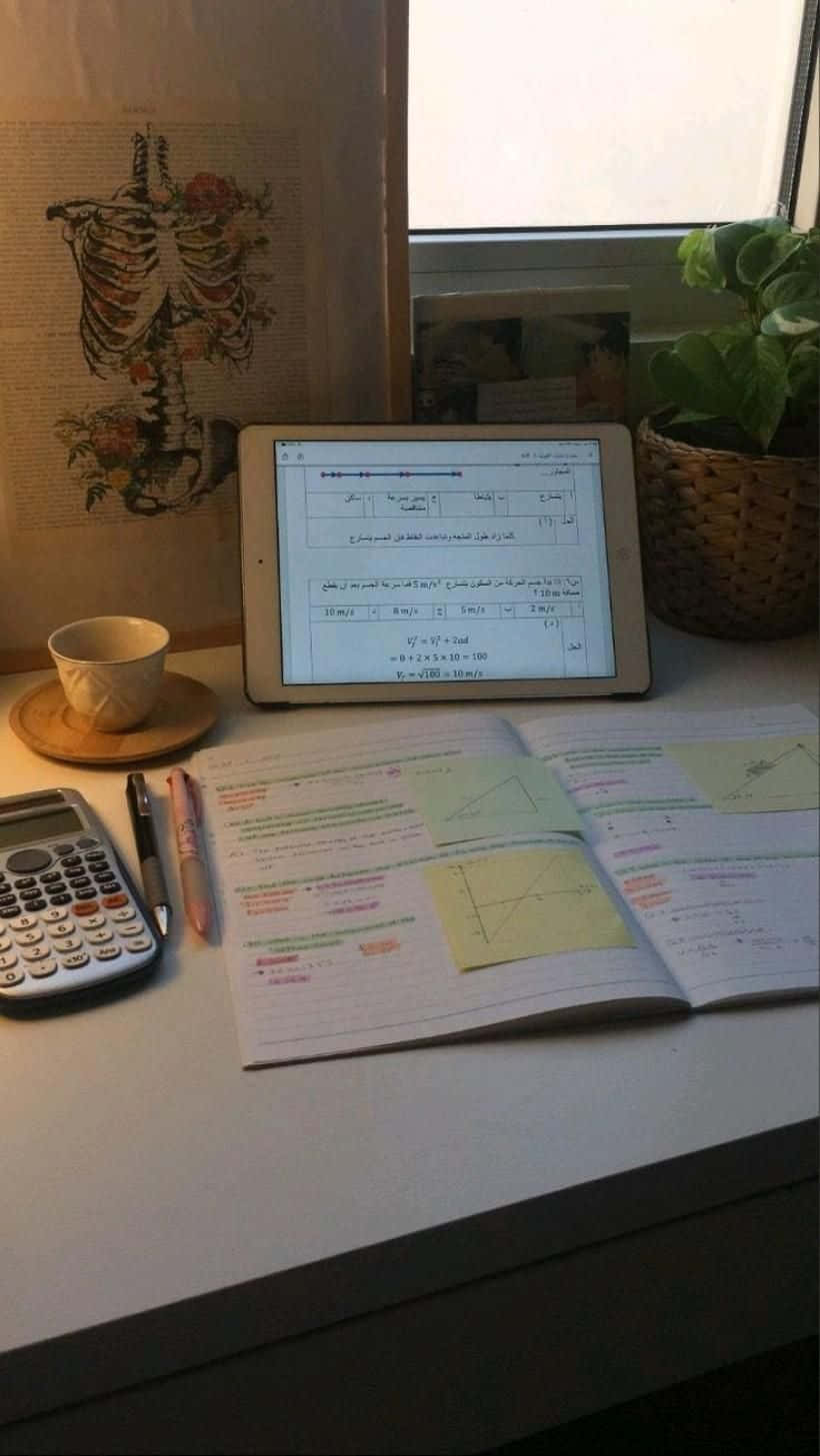 書桌上有計數機、平板電腦和一盆植物 壁紙