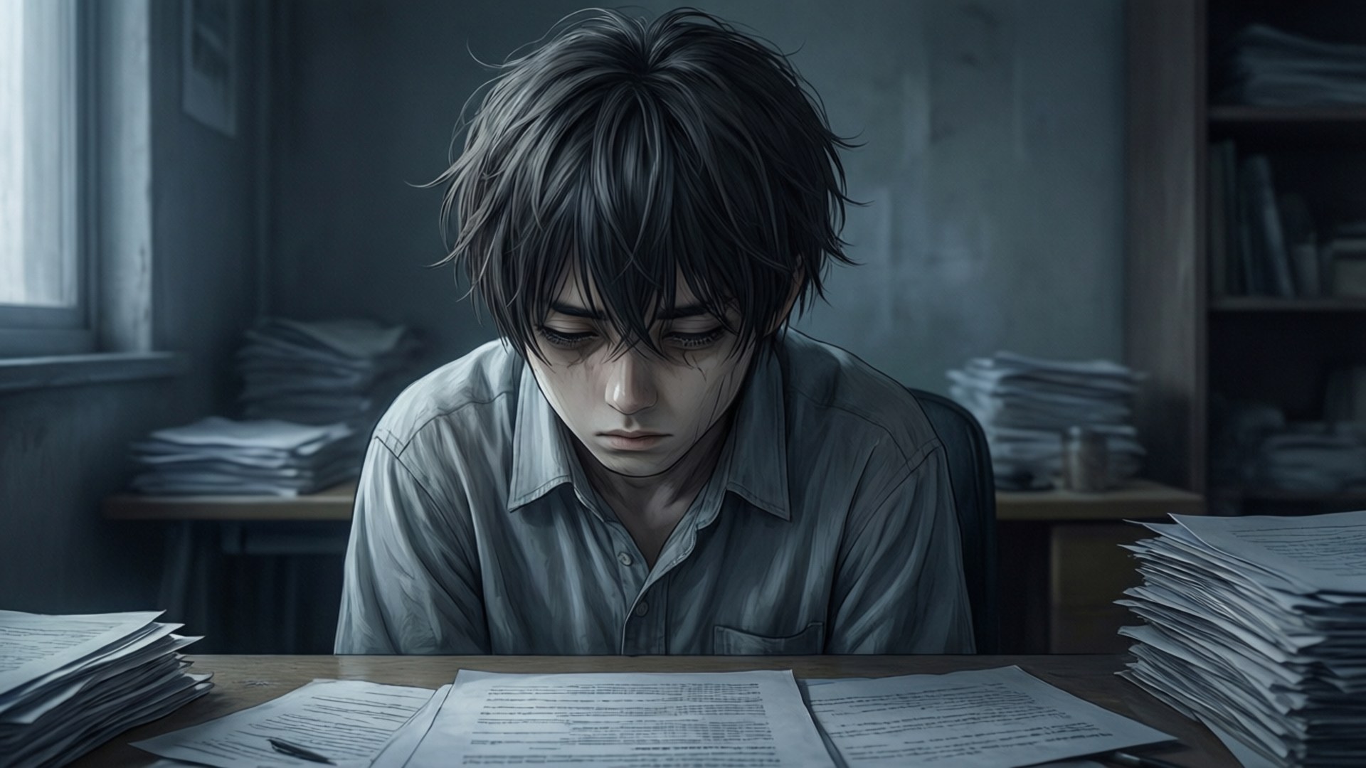 書桌前的絕望 壁紙