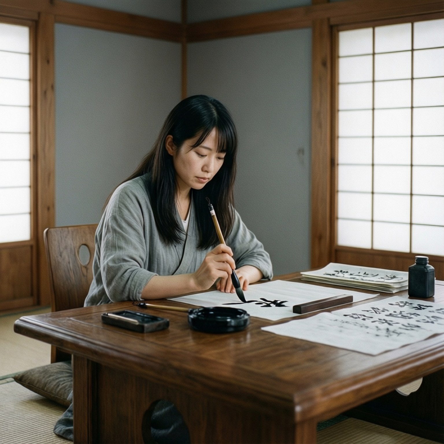 女性在傳統木造房間內練習日本書法，房間有障子門。