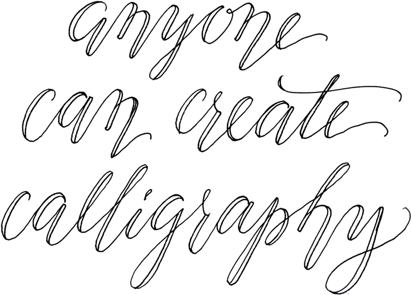 書法靈感格言 壁紙 — 黑色背景上優雅的白色書法文字顯示 anyone can create calligraphy。