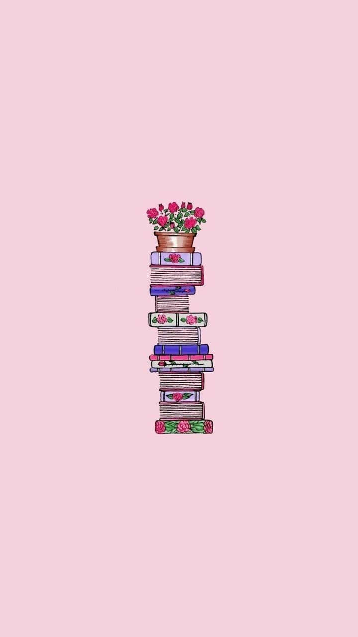 書籍收藏於iPhone螢幕 壁紙 — 一堆色彩繽紛的插圖書高高疊起，頂端放著一盆粉紅色的花，背景是柔和的粉紅色。