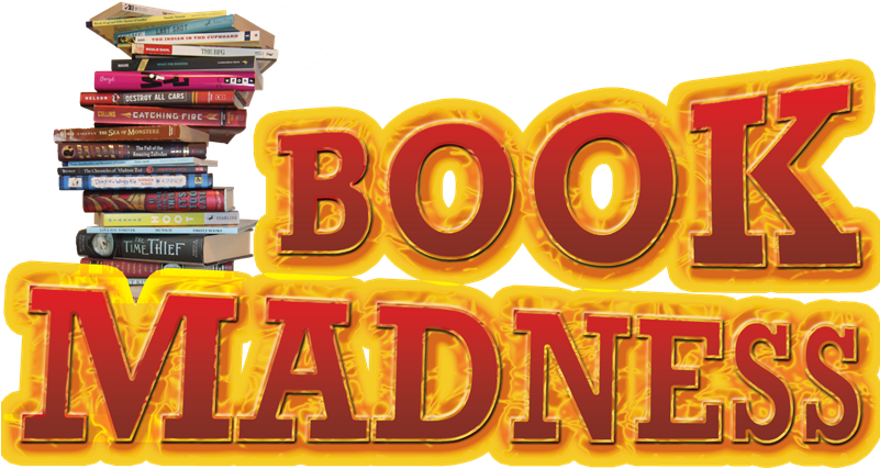 書籍瘋狂圖形 壁紙 — 大膽火熱的文字寫著「BOOK MADNESS」，左側有一堆色彩繽紛的書籍在黑色背景上爆發出來。