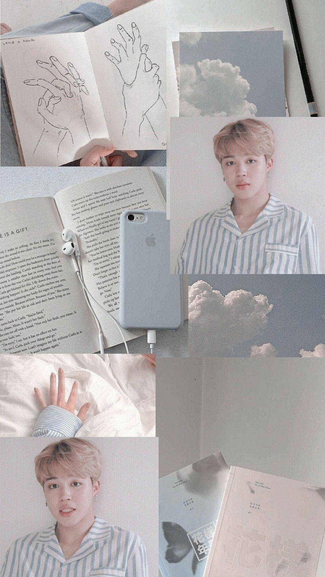 書蟲 Jimin 美學 壁紙 — 柔和粉彩拼貼畫，描繪一位身穿條紋睡衣的年輕男子，搭配雲朵插圖和手繪草圖，放置在床上的書籍和手機之間。