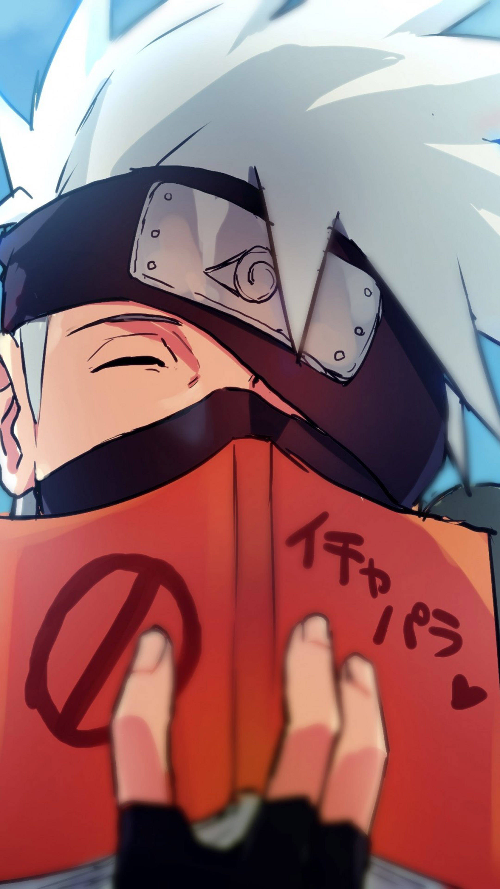 書蟲卡卡西PFP 壁紙 — 白髮戴頭帶的動漫角色微笑著手持一本帶有日文文字和心形的紅色書本。