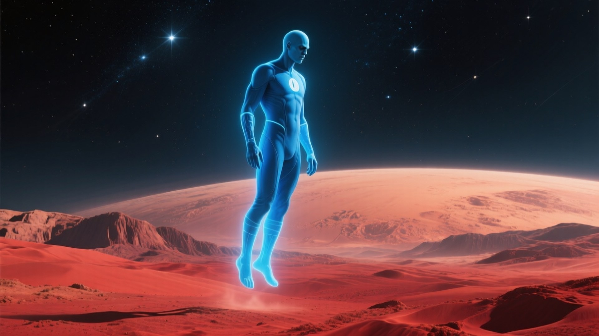 一個發光的藍色人形身影懸浮在紅色火星沙漠上空，背景是星空。