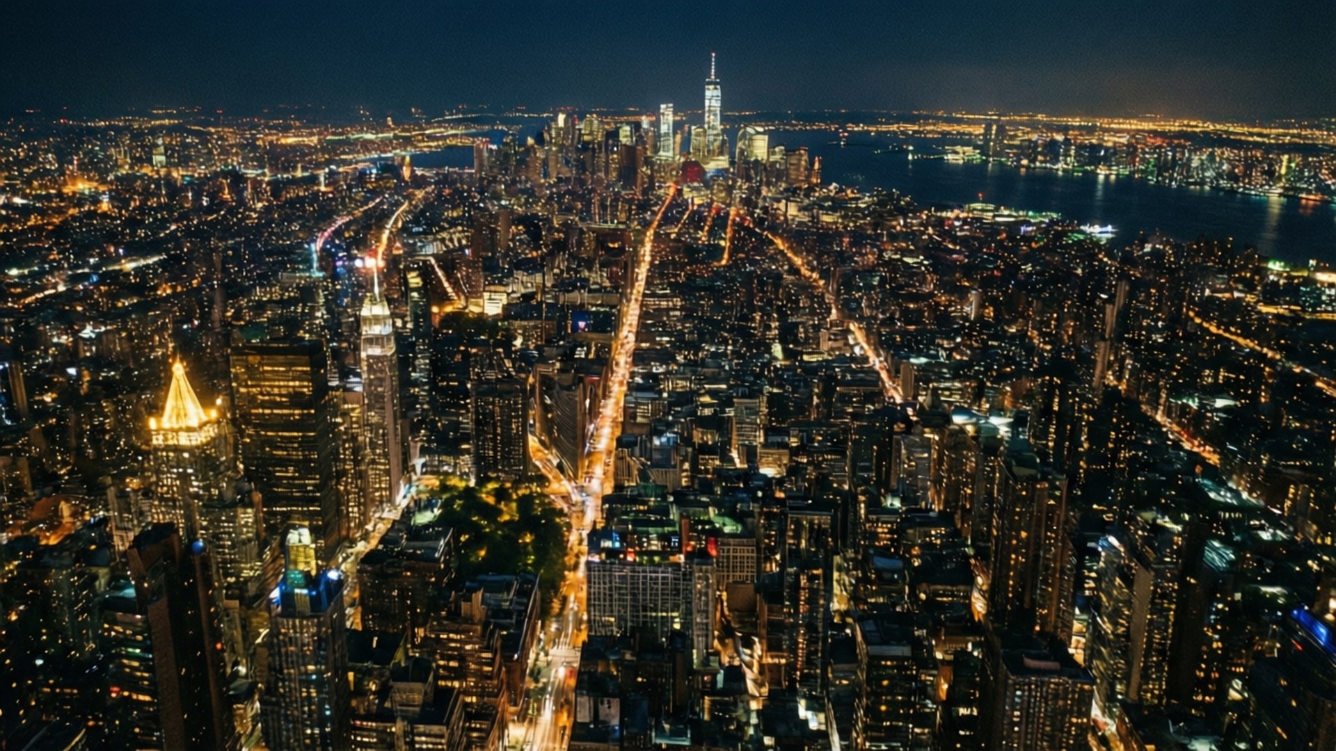 紐約市夜晚的空中景觀，閃爍的摩天大樓和繁忙的街道。