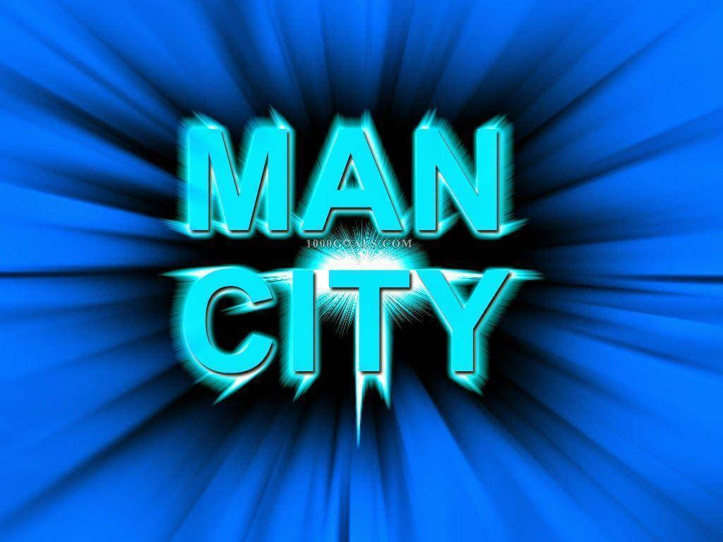 發光的藍色「MAN CITY」文字，帶有放射狀爆發效果。
