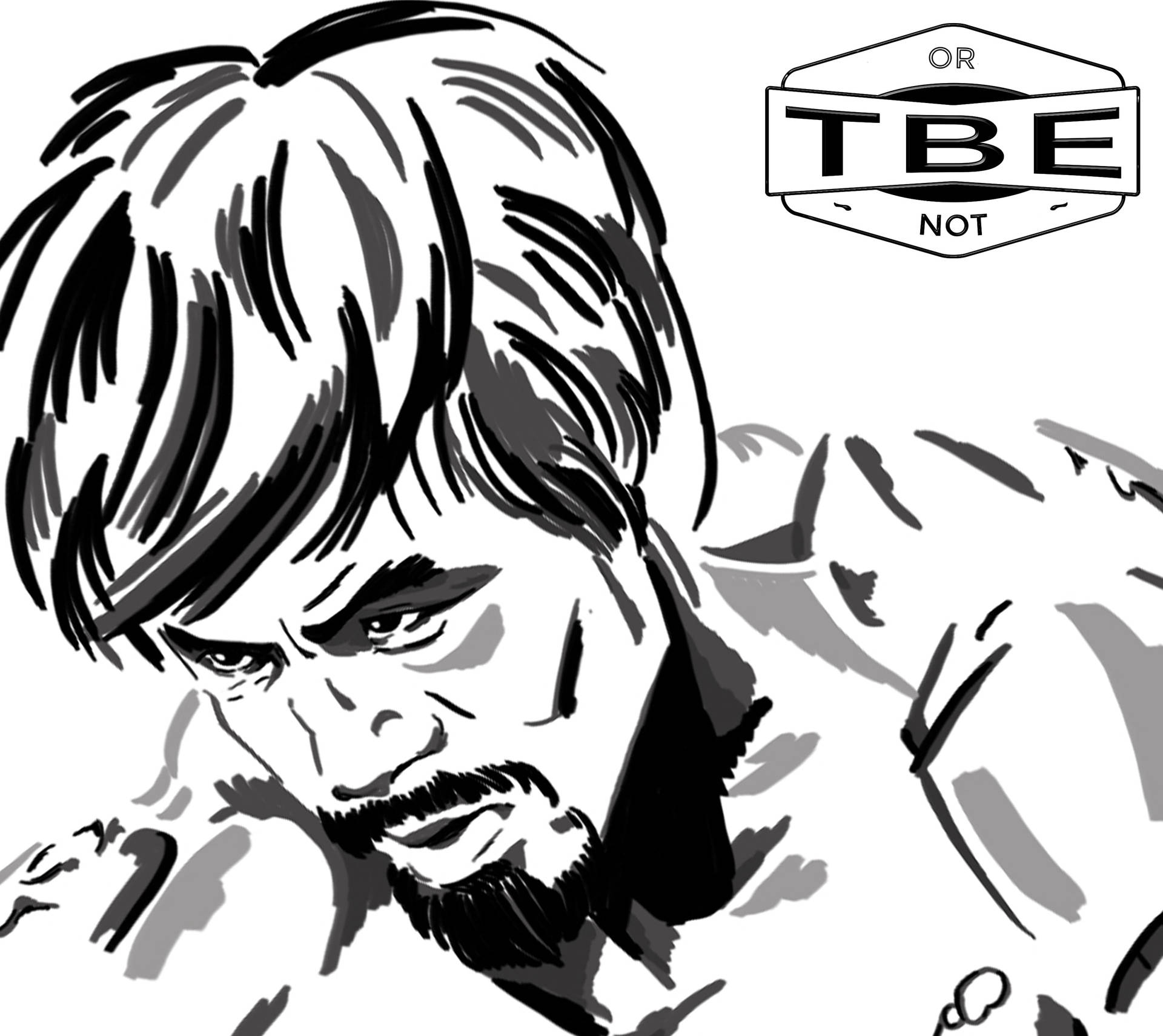 一個表情嚴肅的鬍鬚男人，以黑白素描風格呈現。